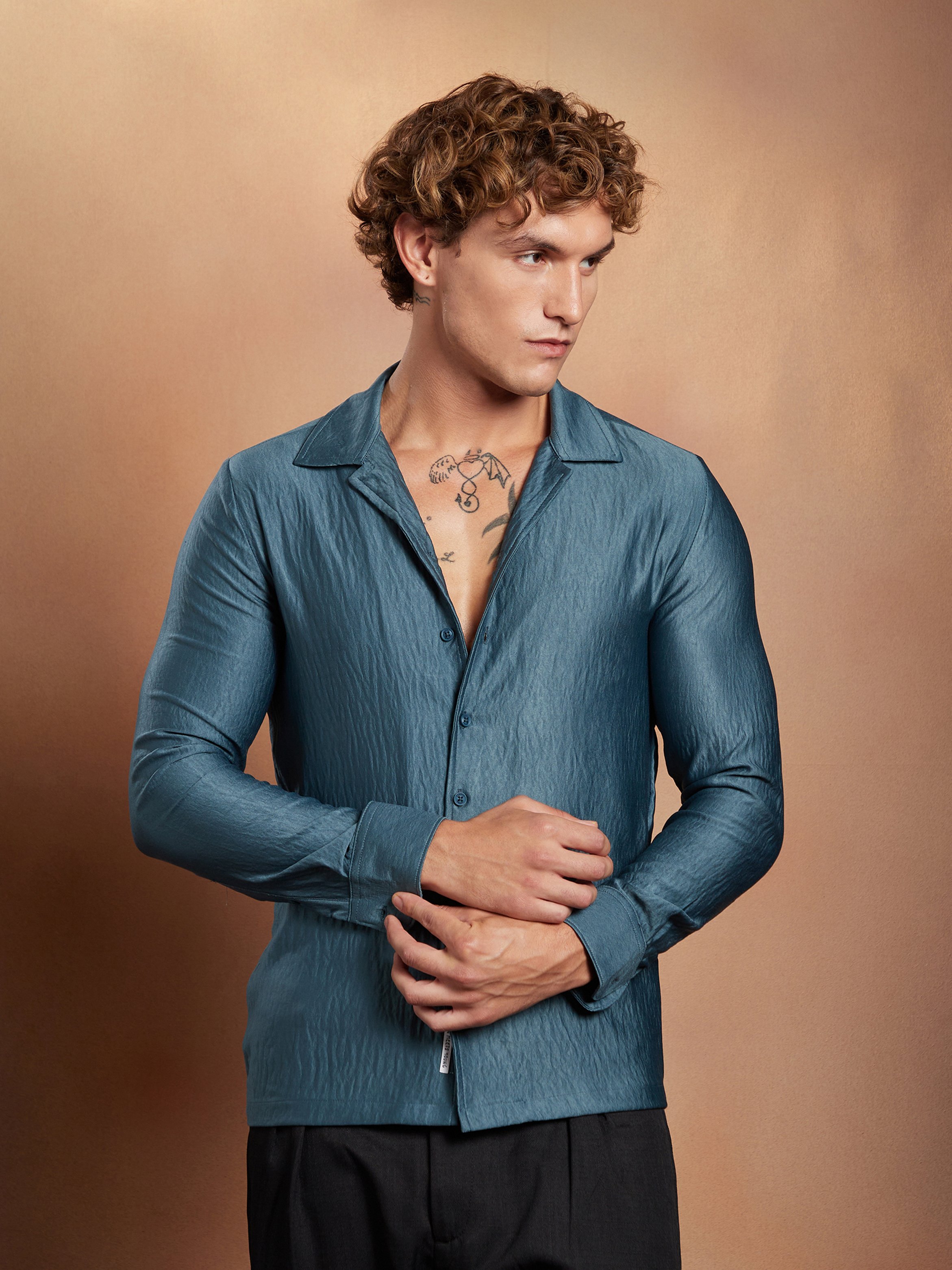 Men Blue Satin Cuban Shirt