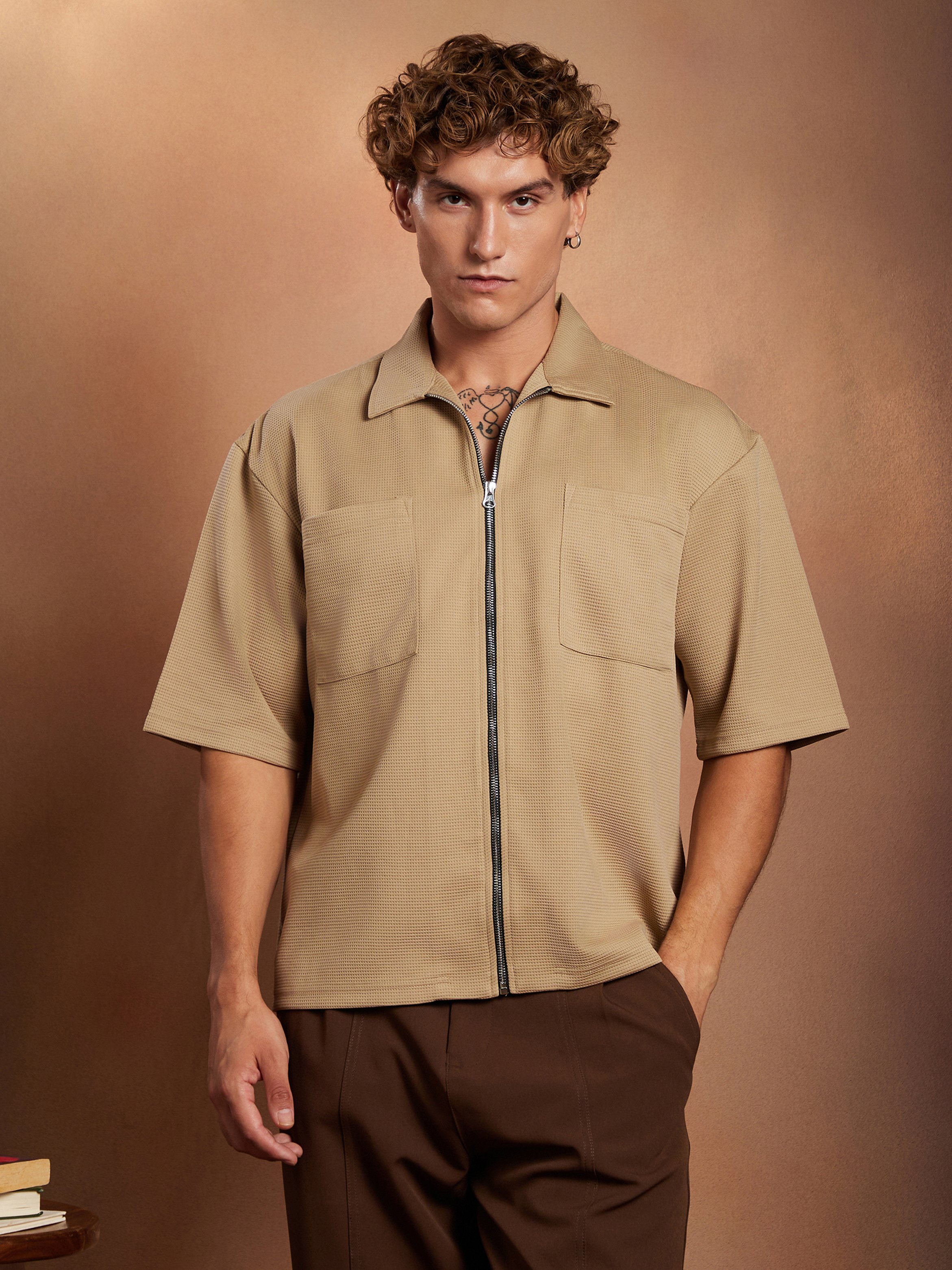 Men Beige Waffle-Utility Oversized Shirt