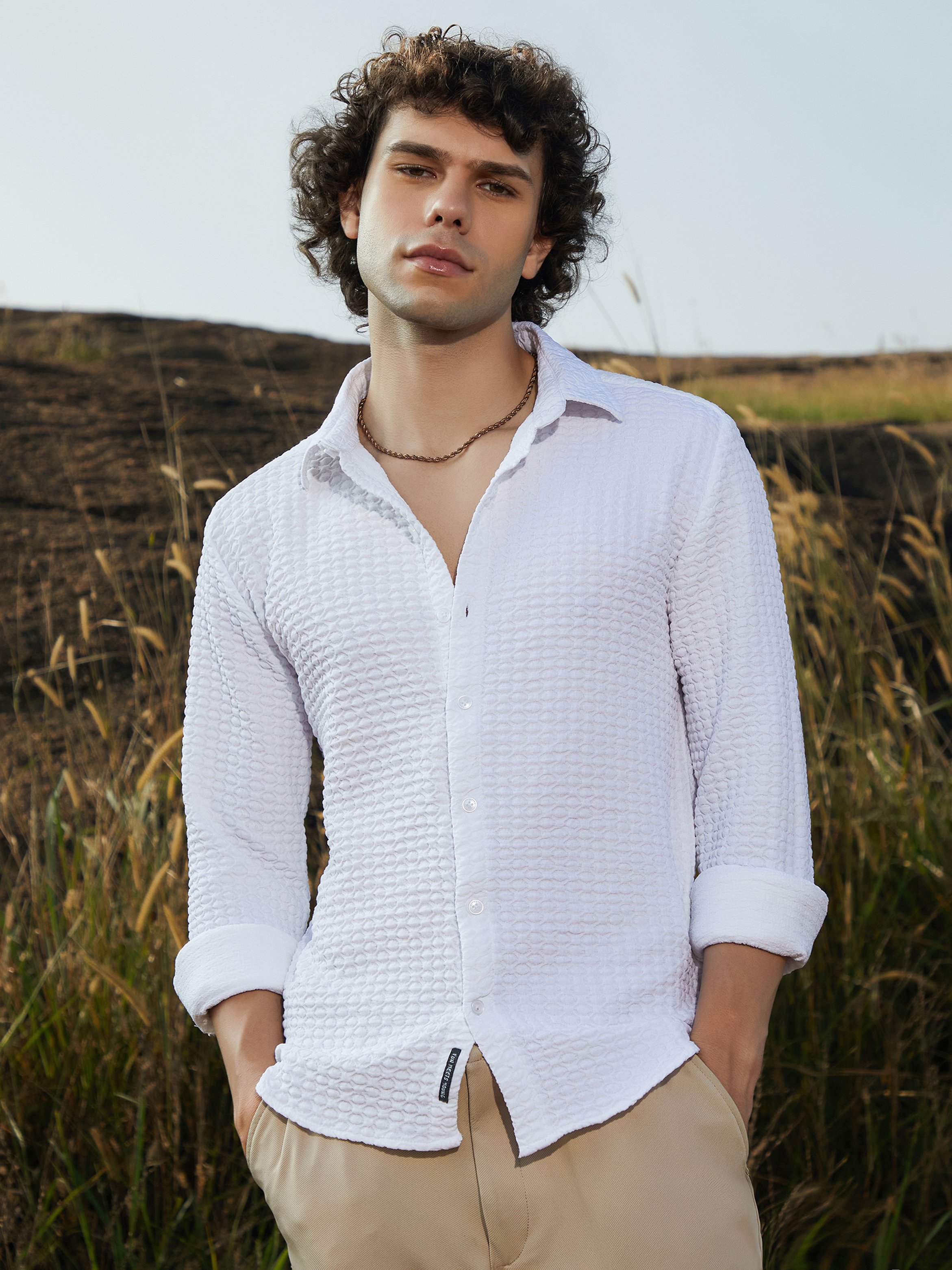 Men Cream White Ellipse-Lined Shirt