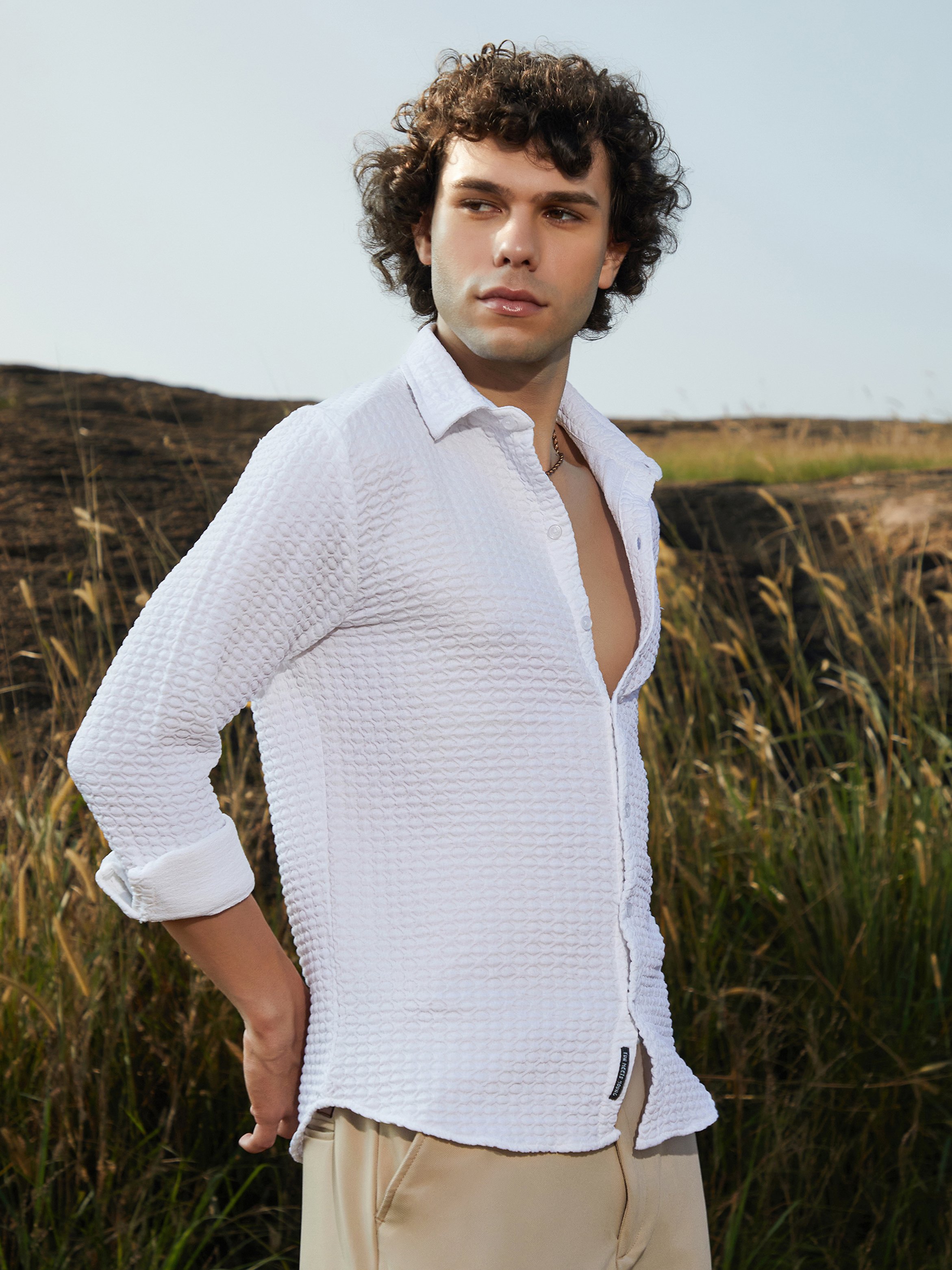 Men Cream White Ellipse-Lined Shirt