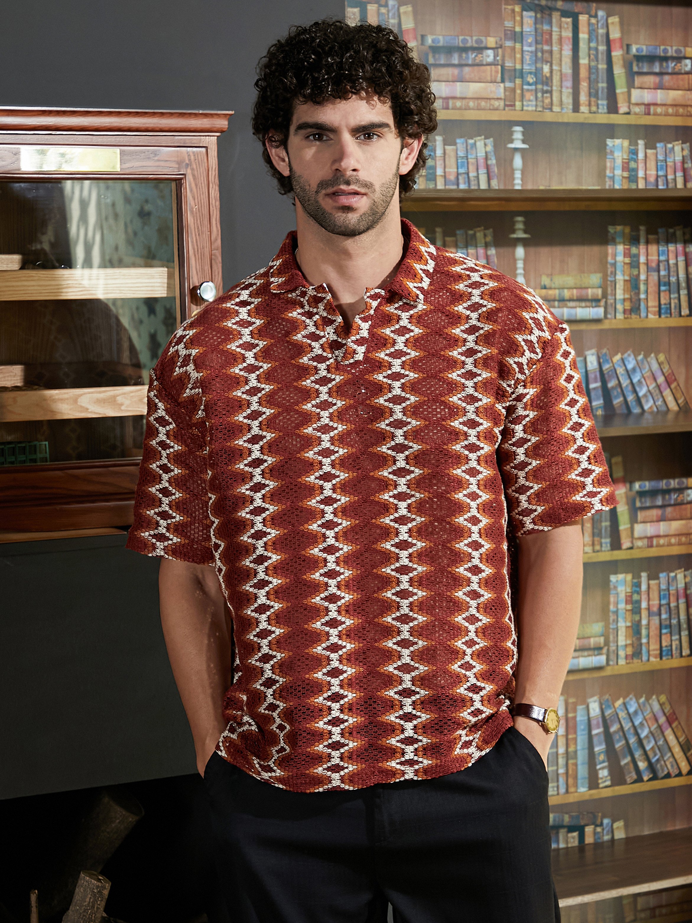 Men Brown Knit Textured Oversized Polo