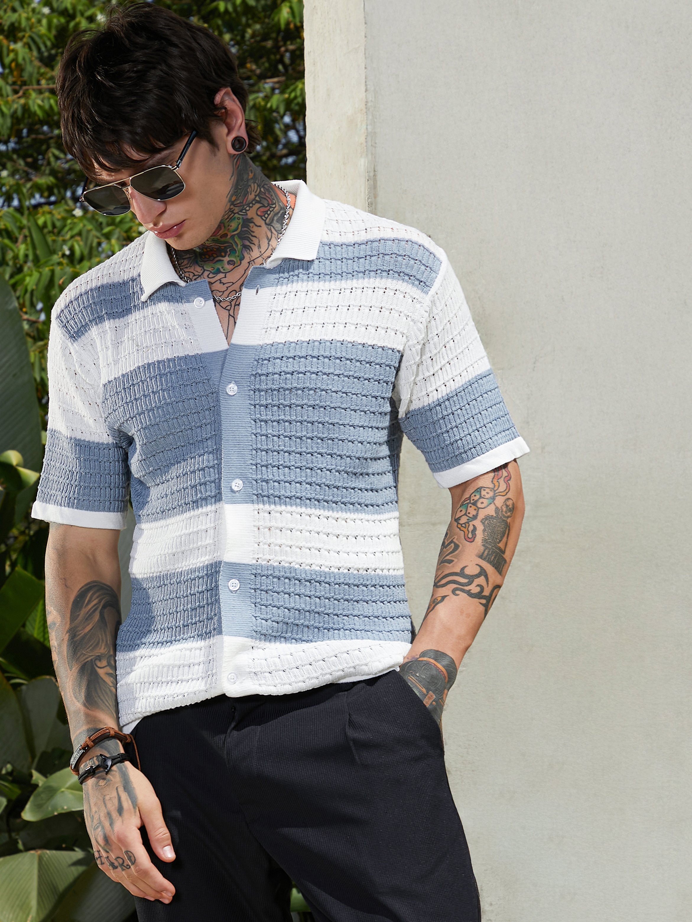 Men Textured Panel-Knit Relaxed Shirt