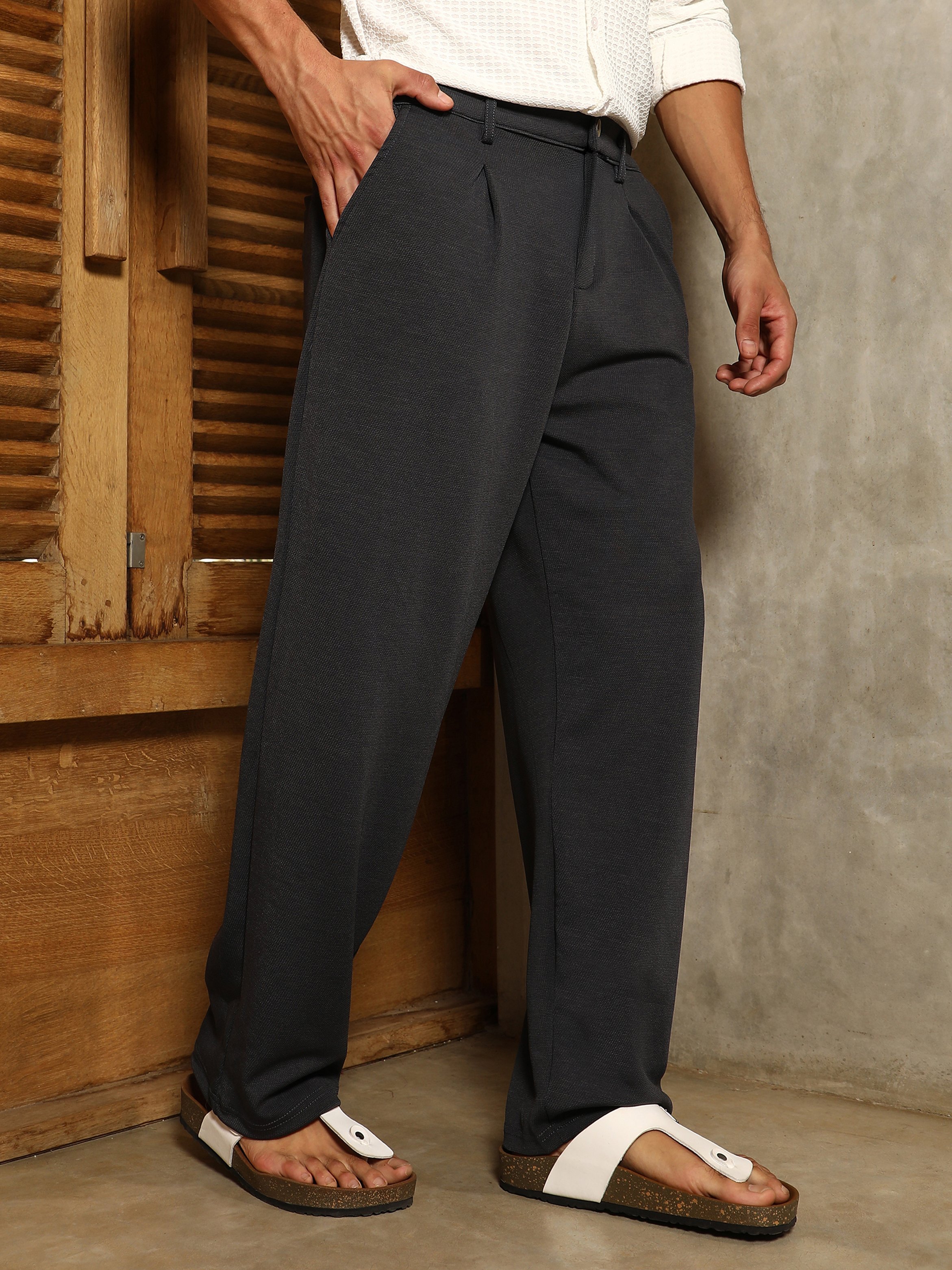 Men Midnight Black Micro-Waffle Straight-Leg Trousers
