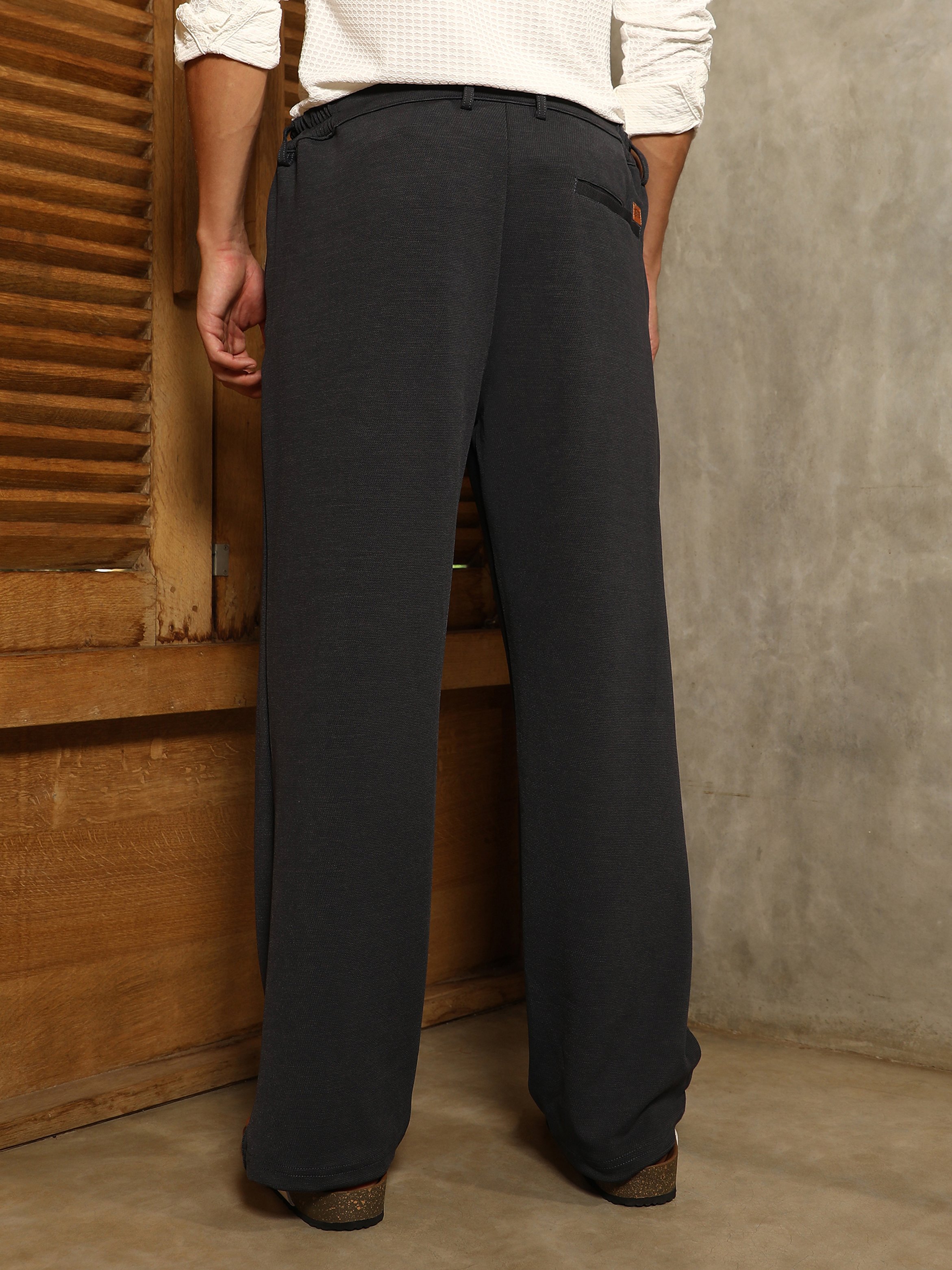 Men Midnight Black Micro-Waffle Straight-Leg Trousers