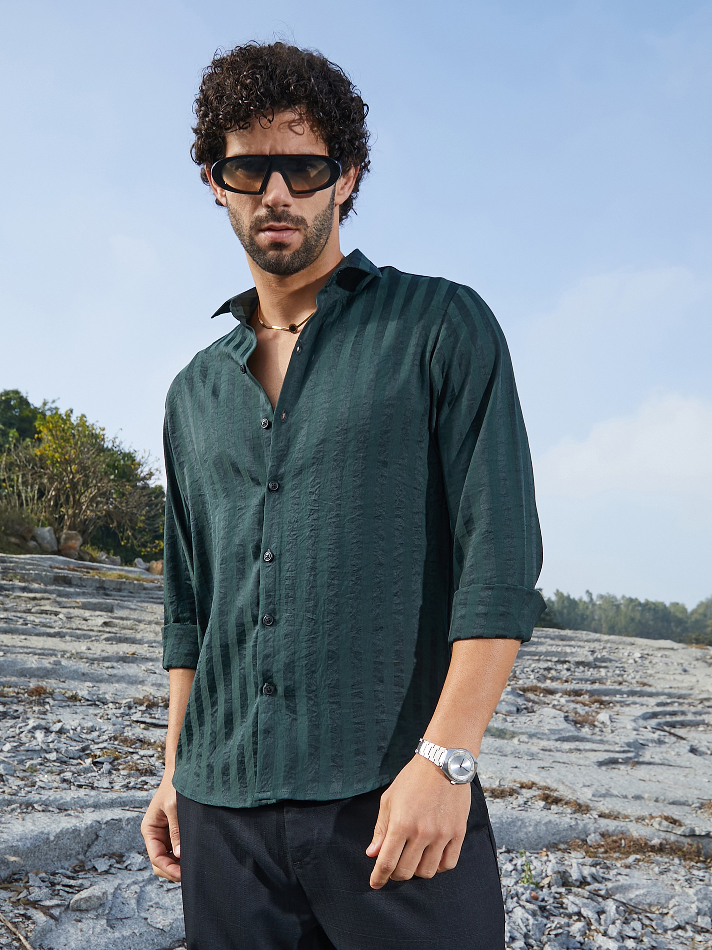 Men Emerald Green Textured-Striped Shirt