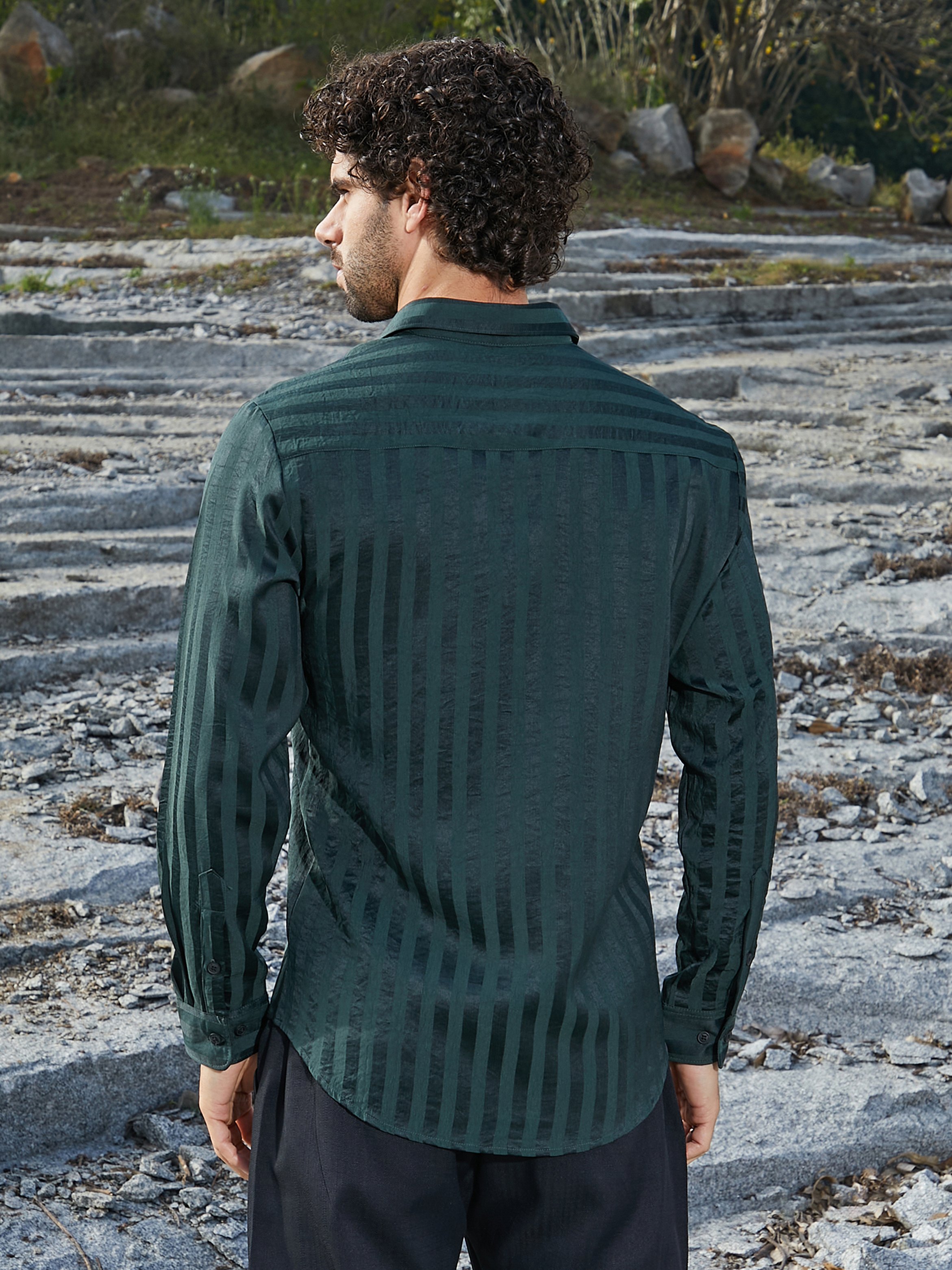 Men Emerald Green Textured-Striped Shirt