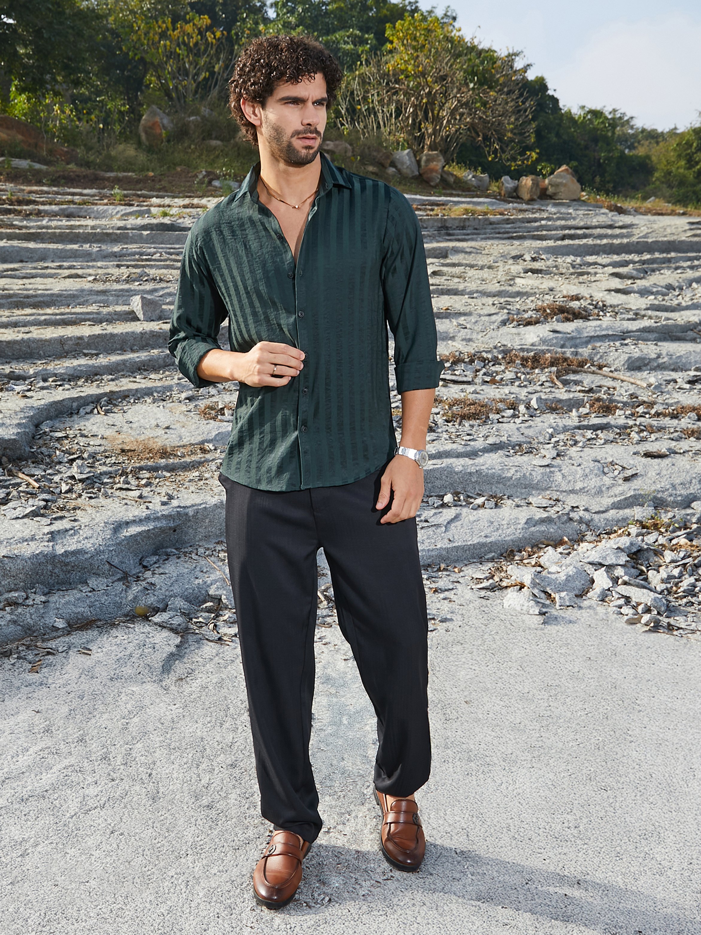 Men Emerald Green Textured-Striped Shirt