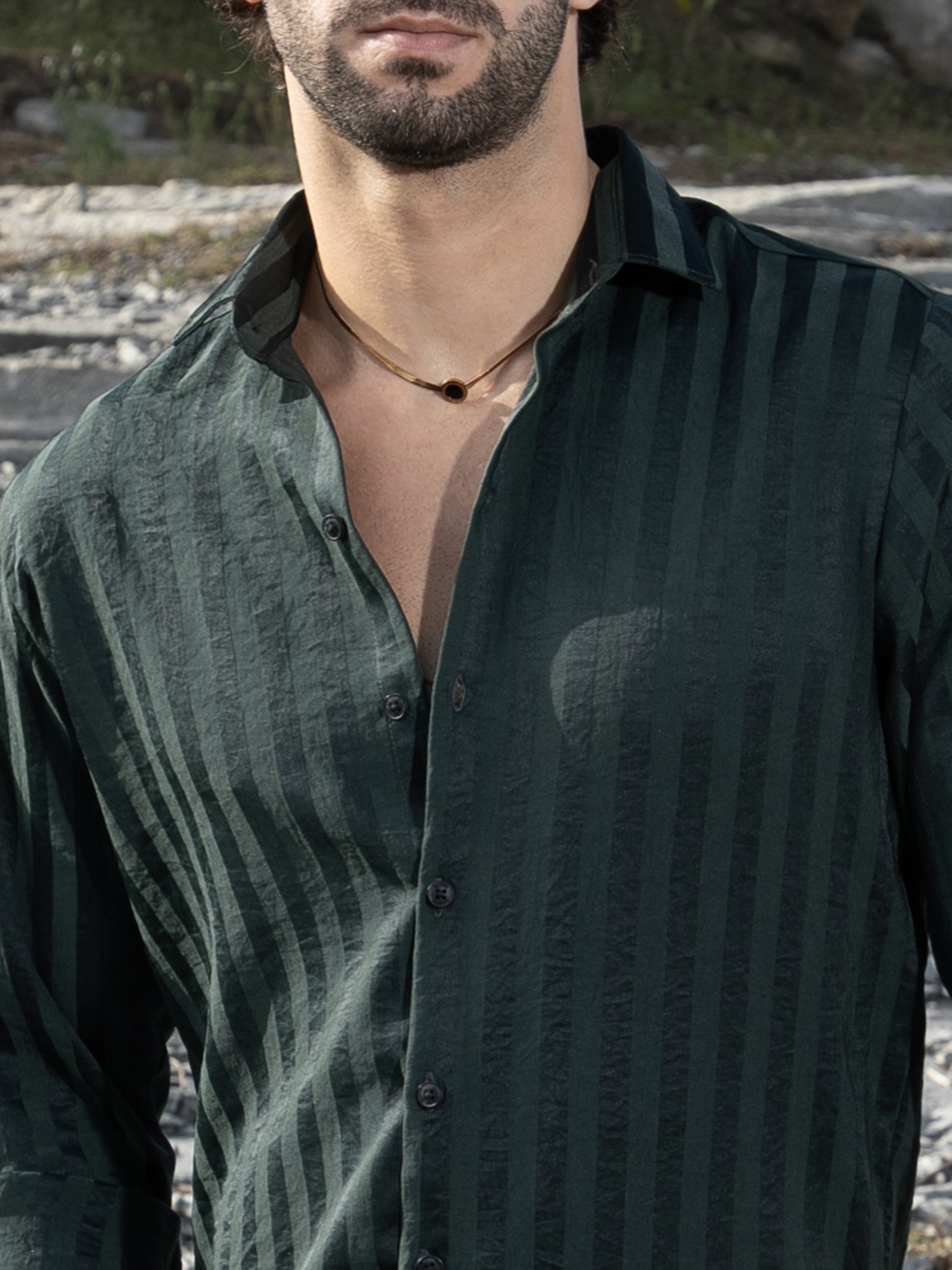 Men Emerald Green Textured-Striped Shirt