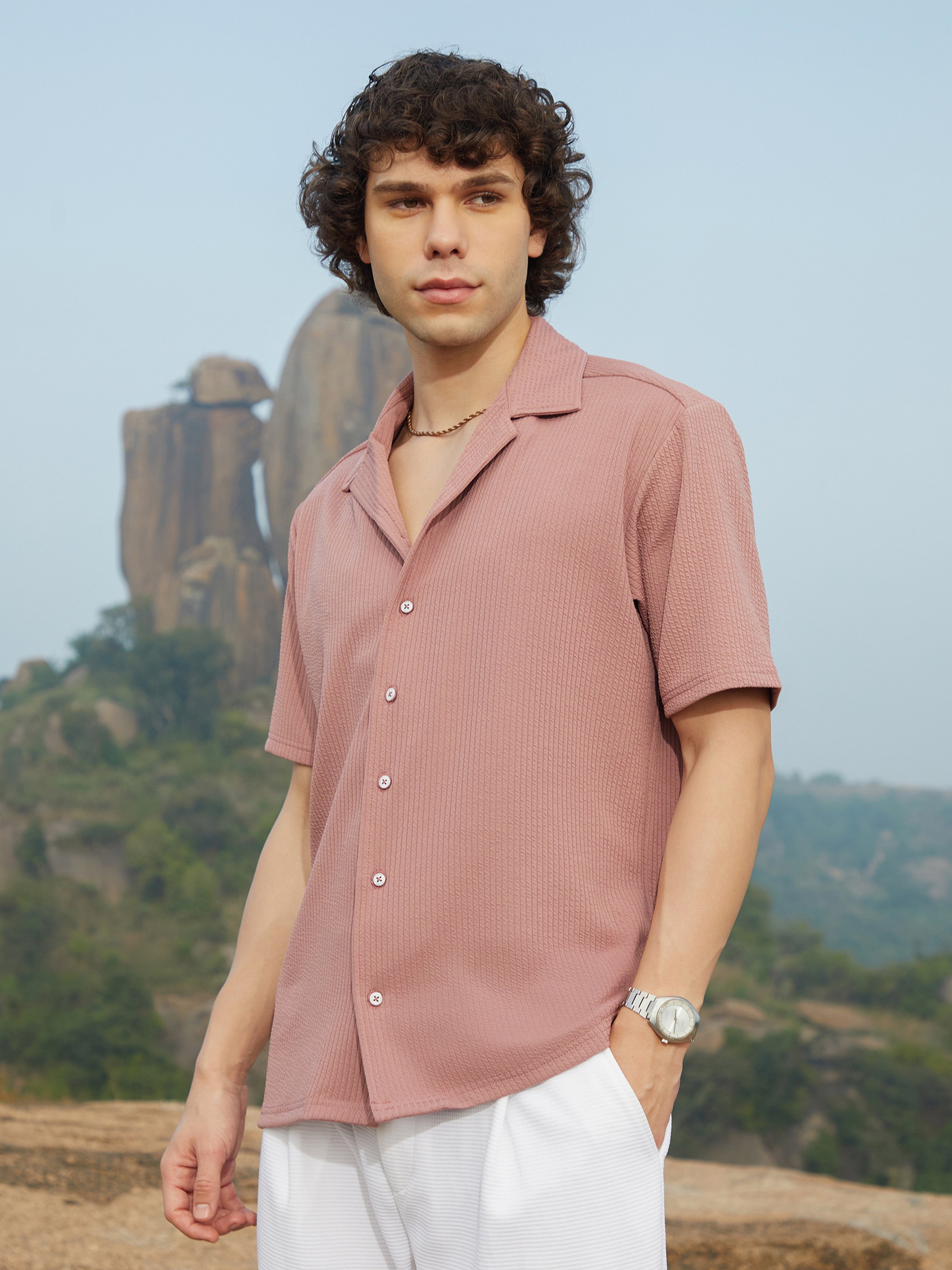 Men Nude Pink Textured-Ribbed Shirt