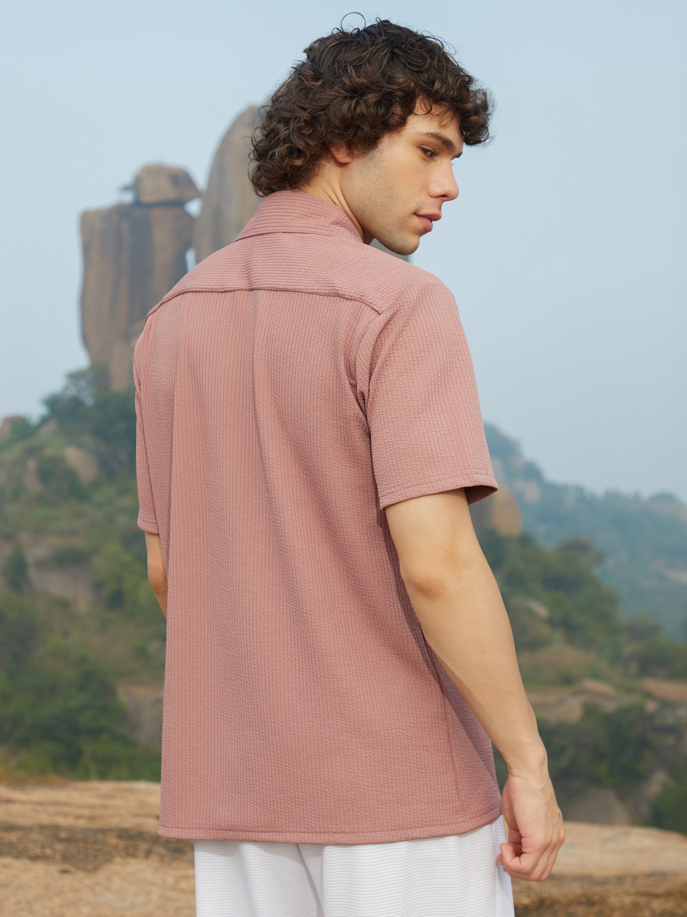 Men Nude Pink Textured-Ribbed Shirt