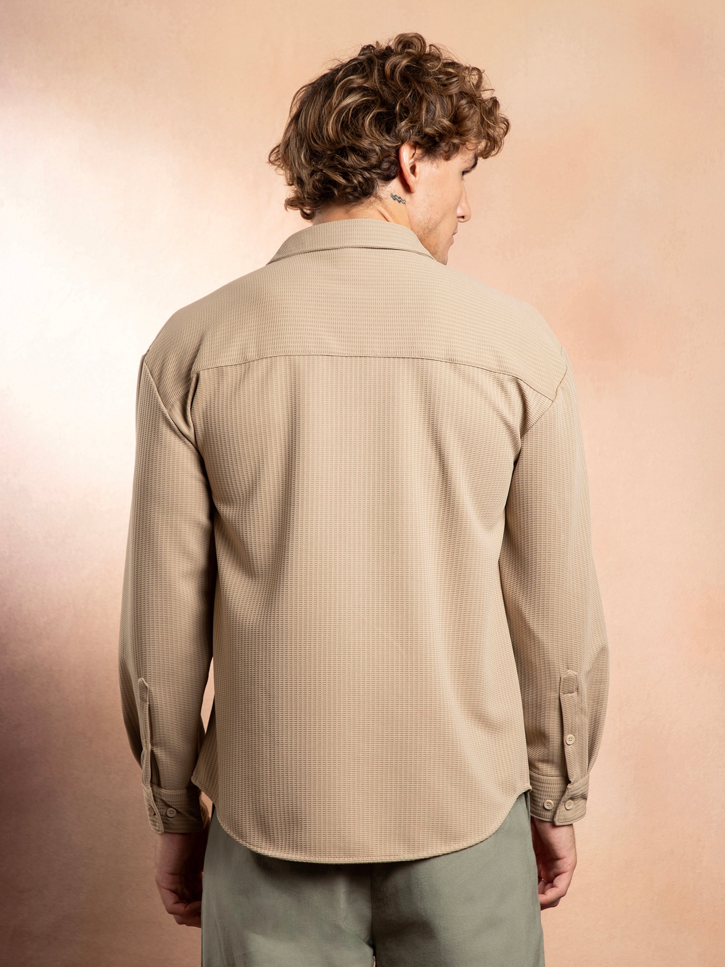 Men Ecru Beige Block-Patch Oversized Shirt