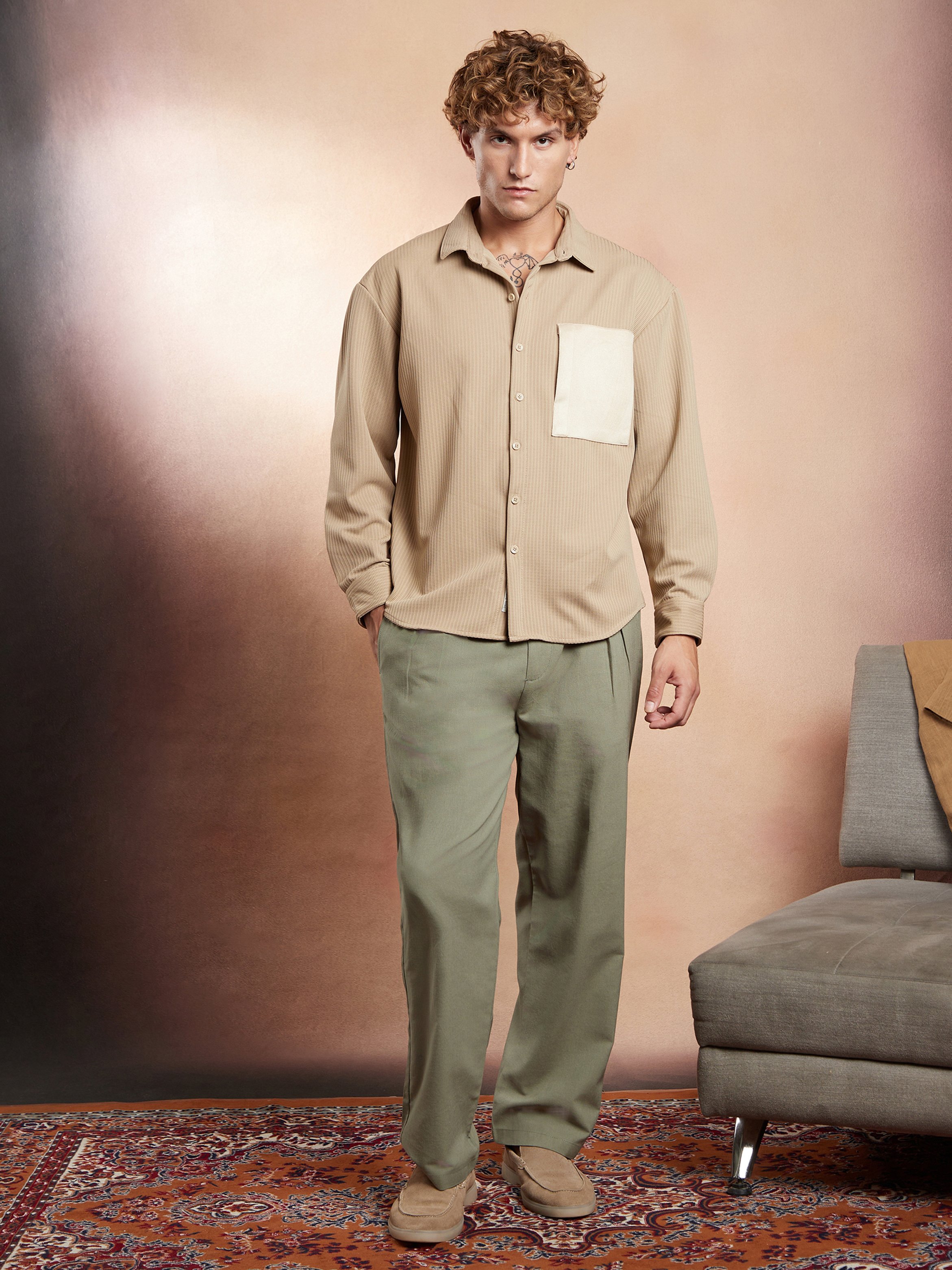 Men Ecru Beige Block-Patch Oversized Shirt