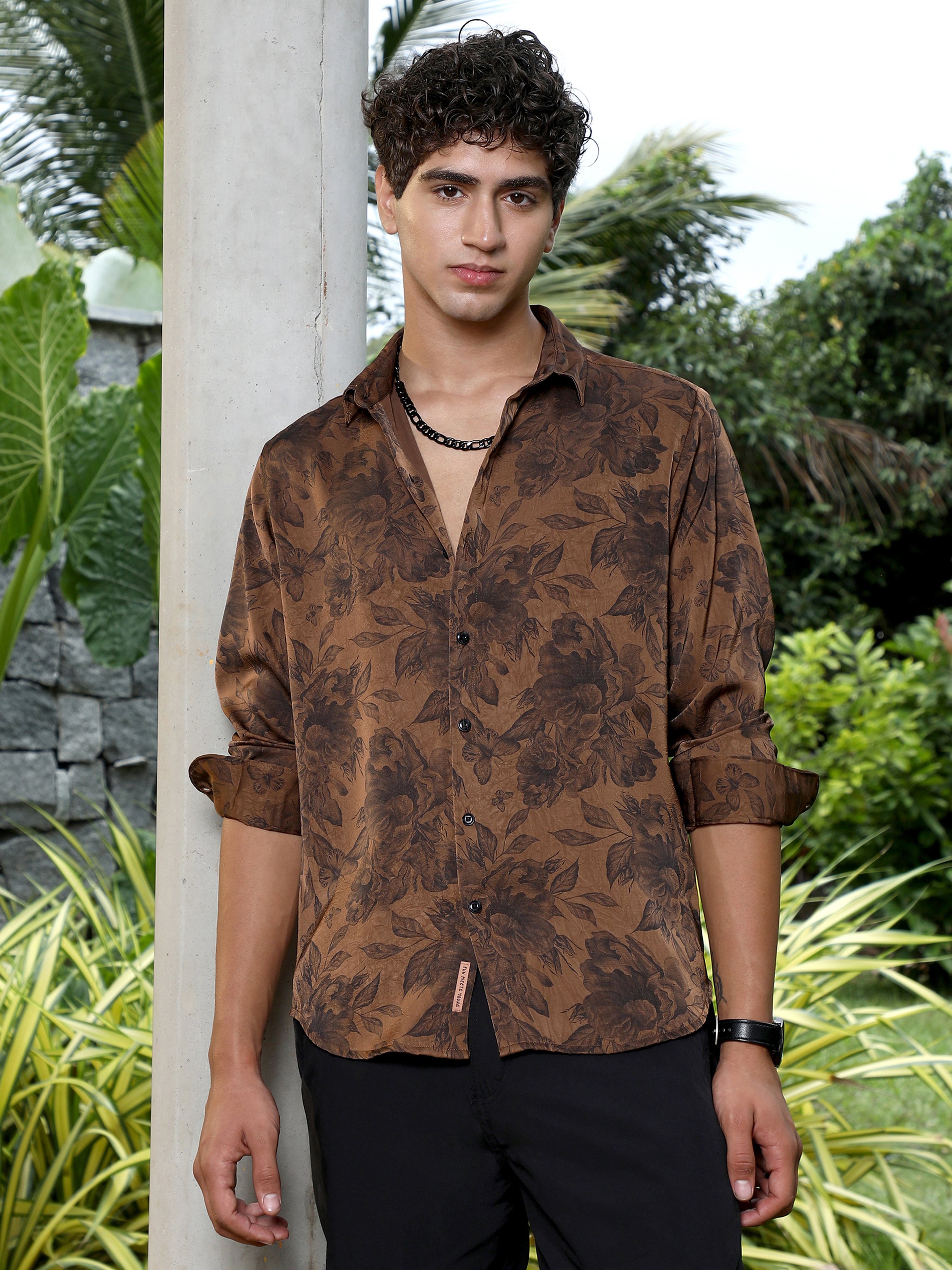 Men Chocolate Brown Papillon-Garden Imprint Shirt