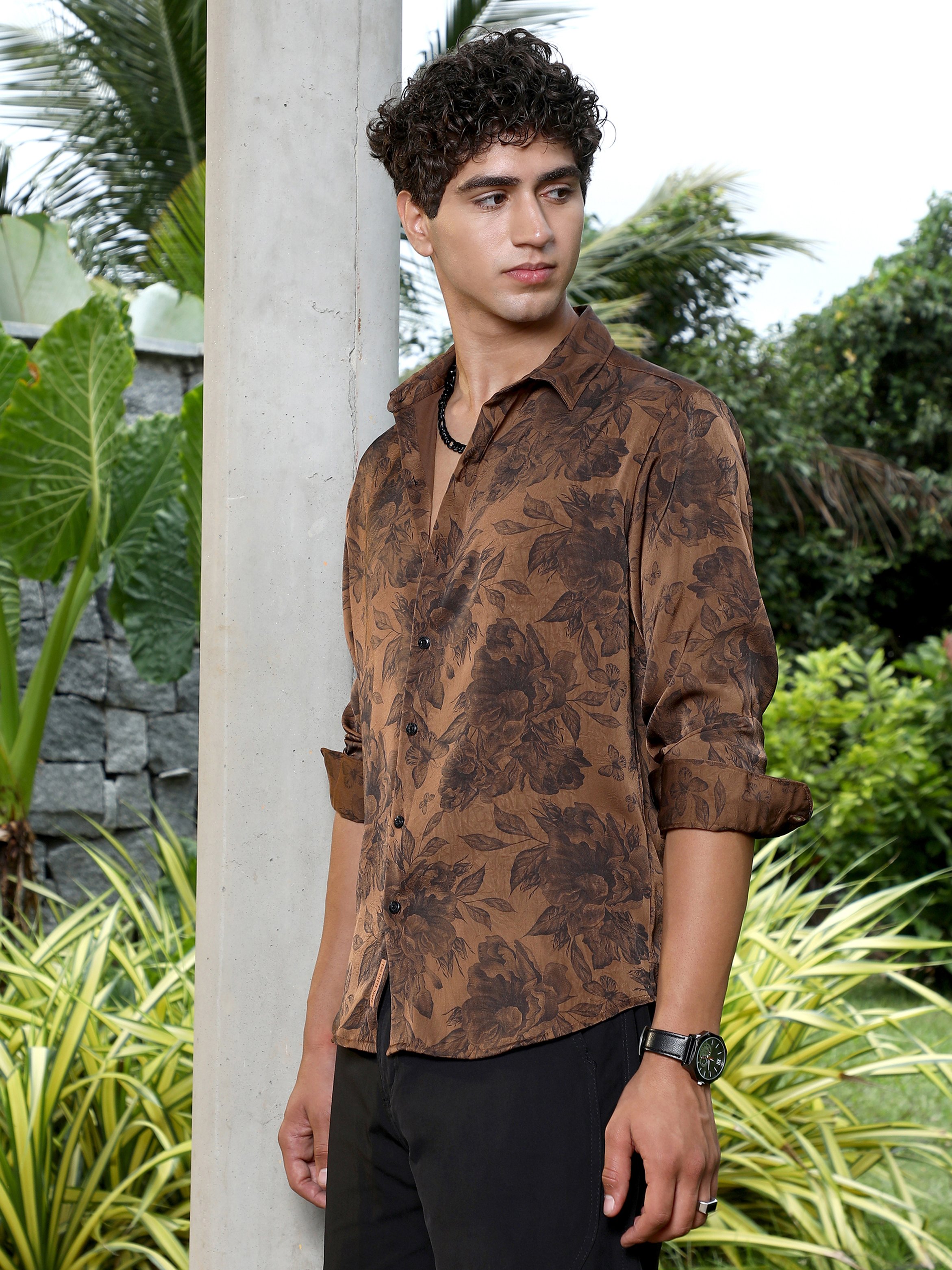 Men Chocolate Brown Papillon-Garden Imprint Shirt