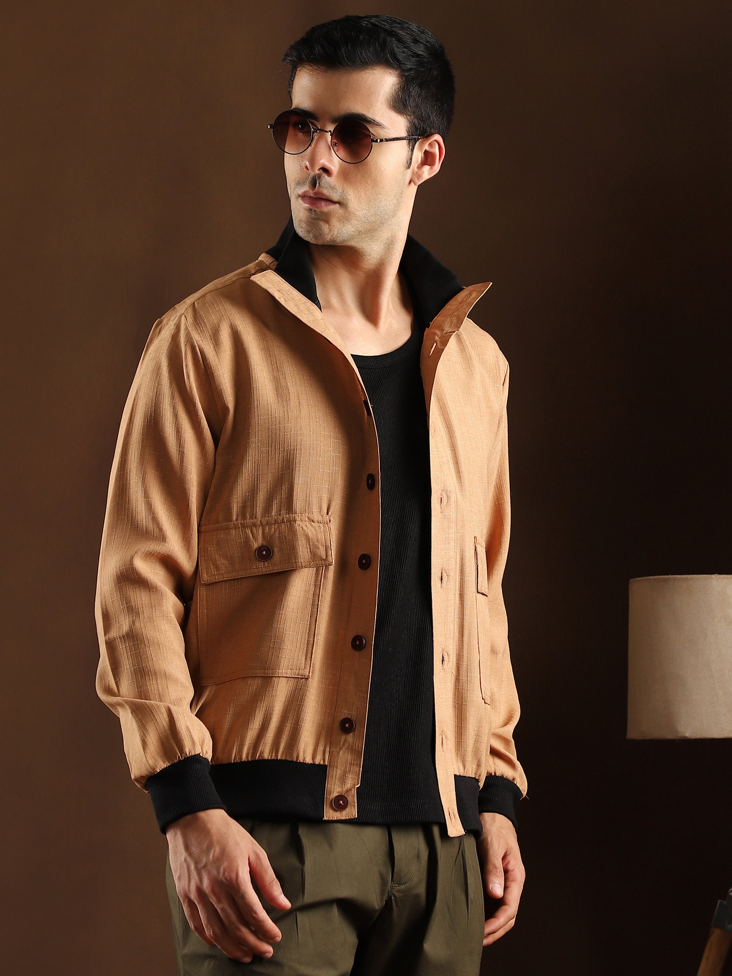 Men Beige Tactile-Utility Bomber Jacket