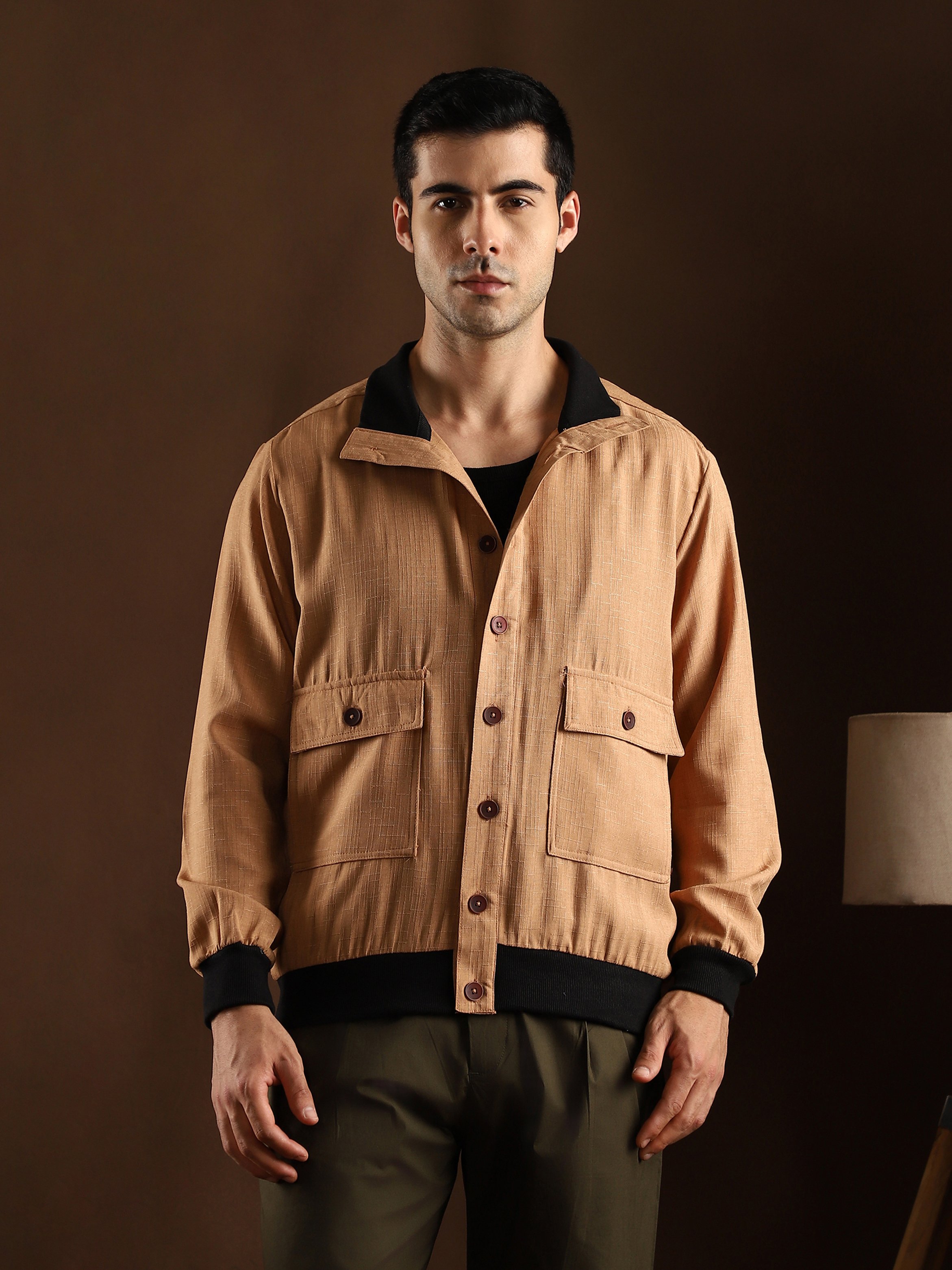 Men Beige Tactile-Utility Bomber Jacket