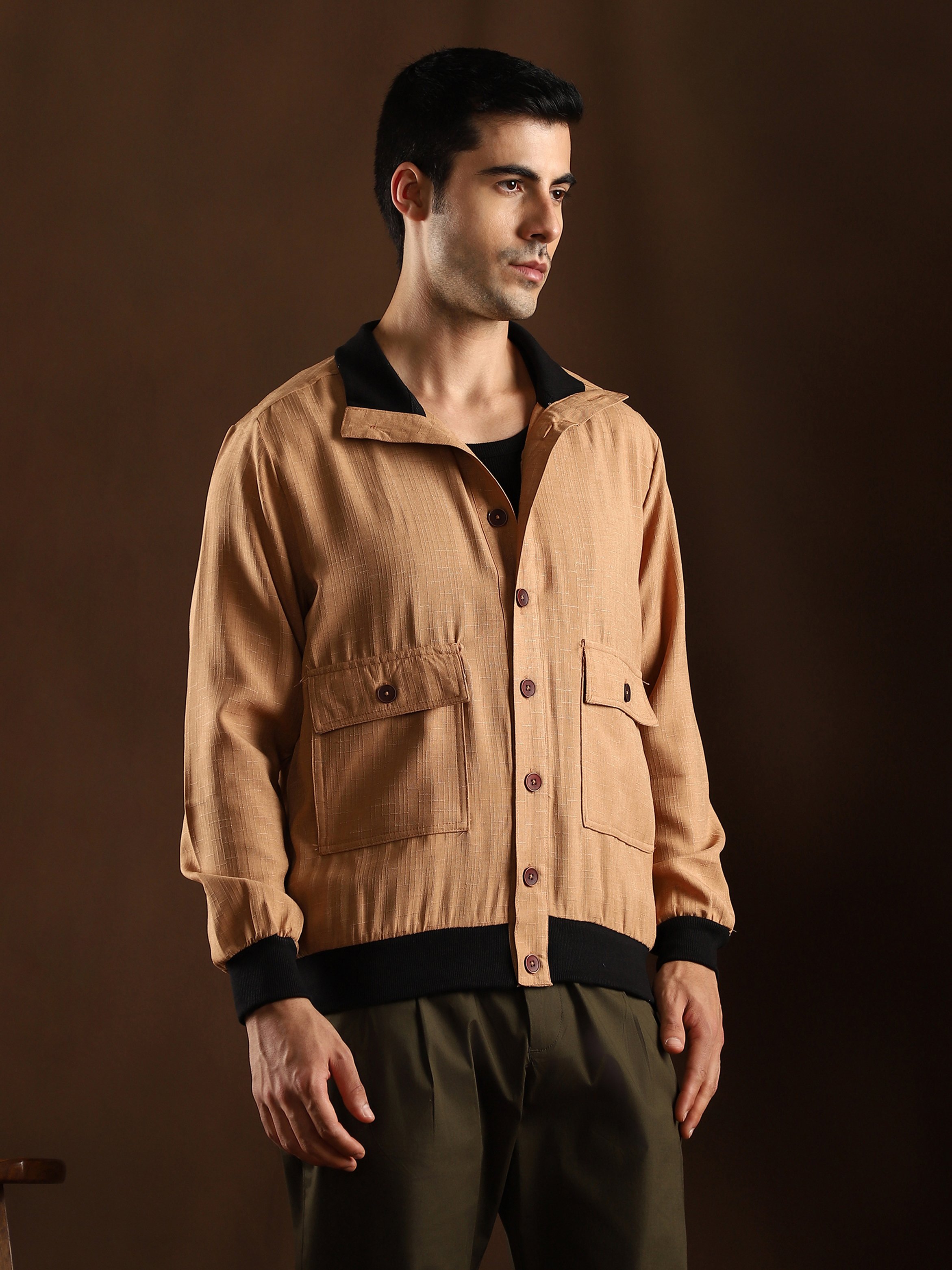 Men Beige Tactile-Utility Bomber Jacket