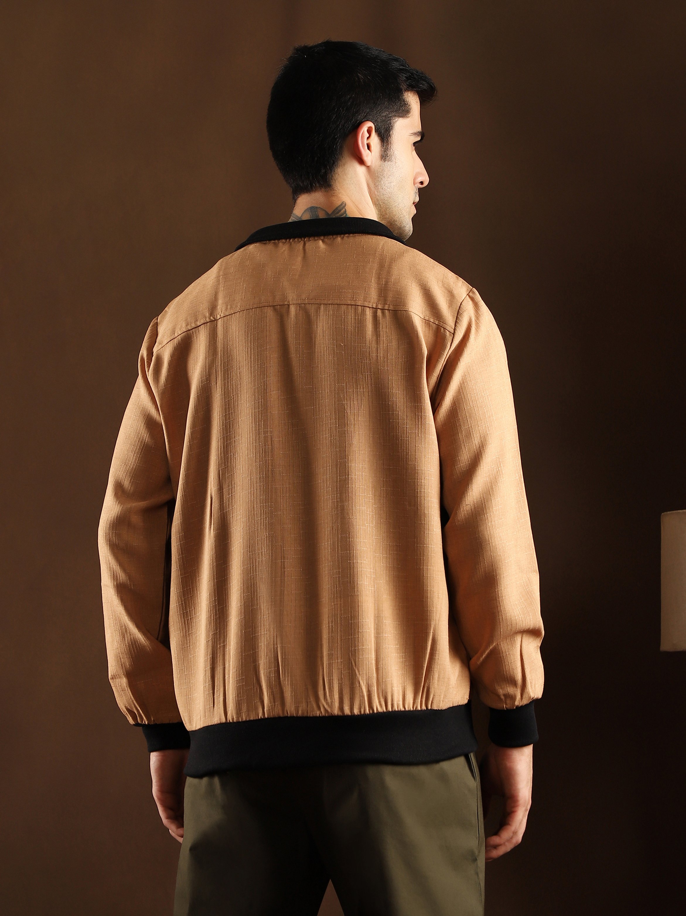 Men Beige Tactile-Utility Bomber Jacket