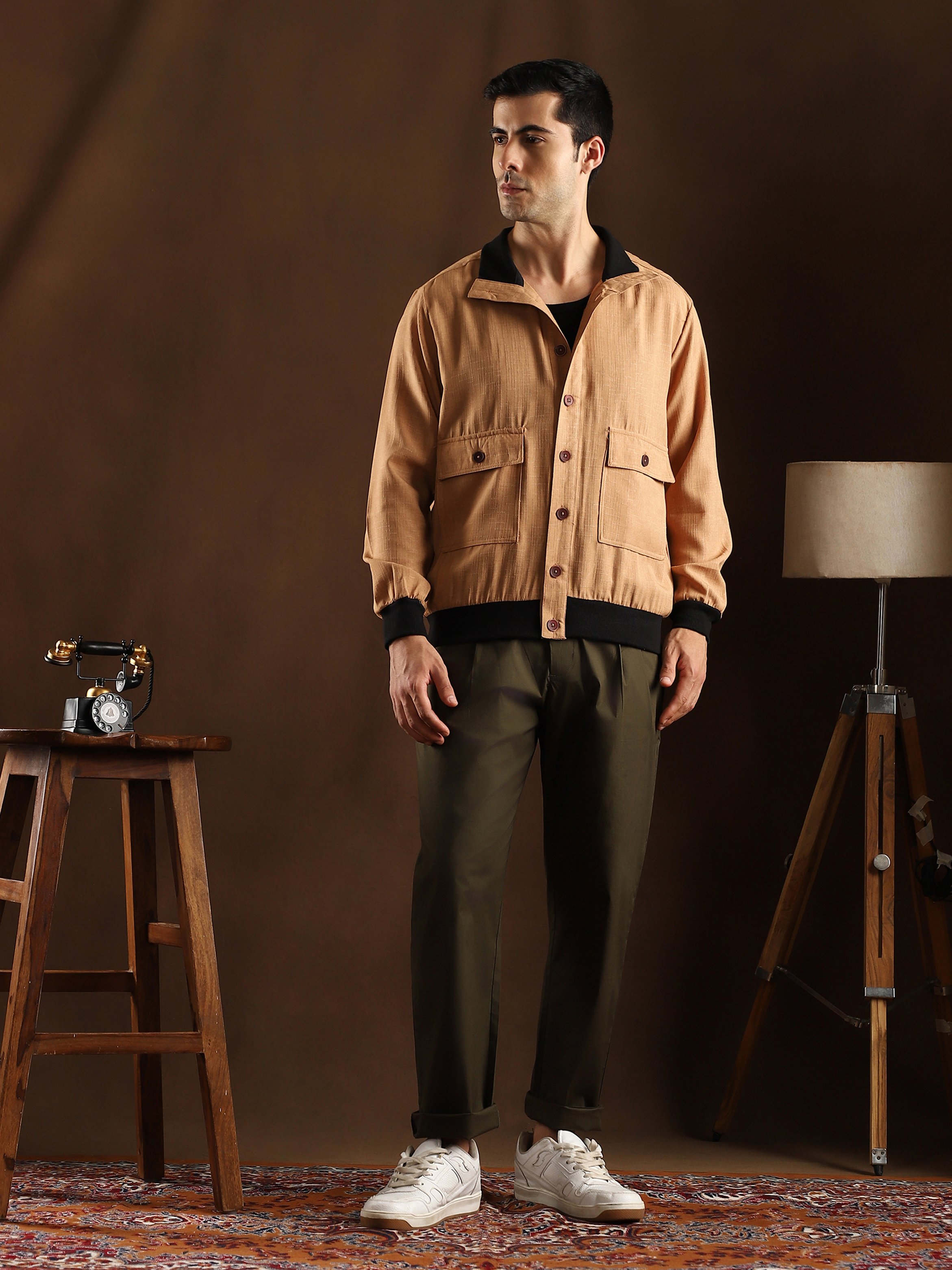 Men Beige Tactile-Utility Bomber Jacket