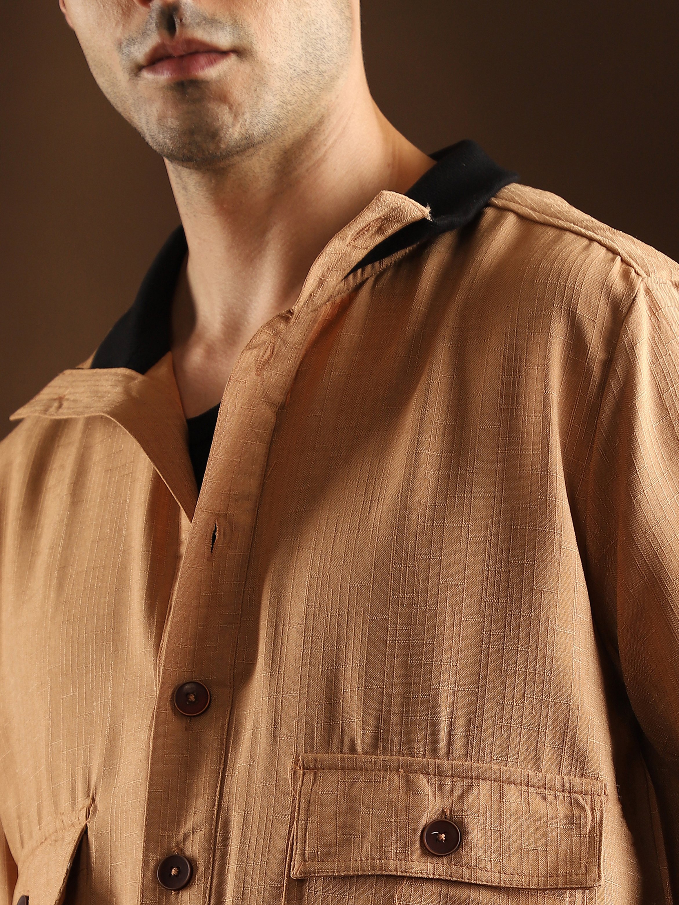 Men Beige Tactile-Utility Bomber Jacket