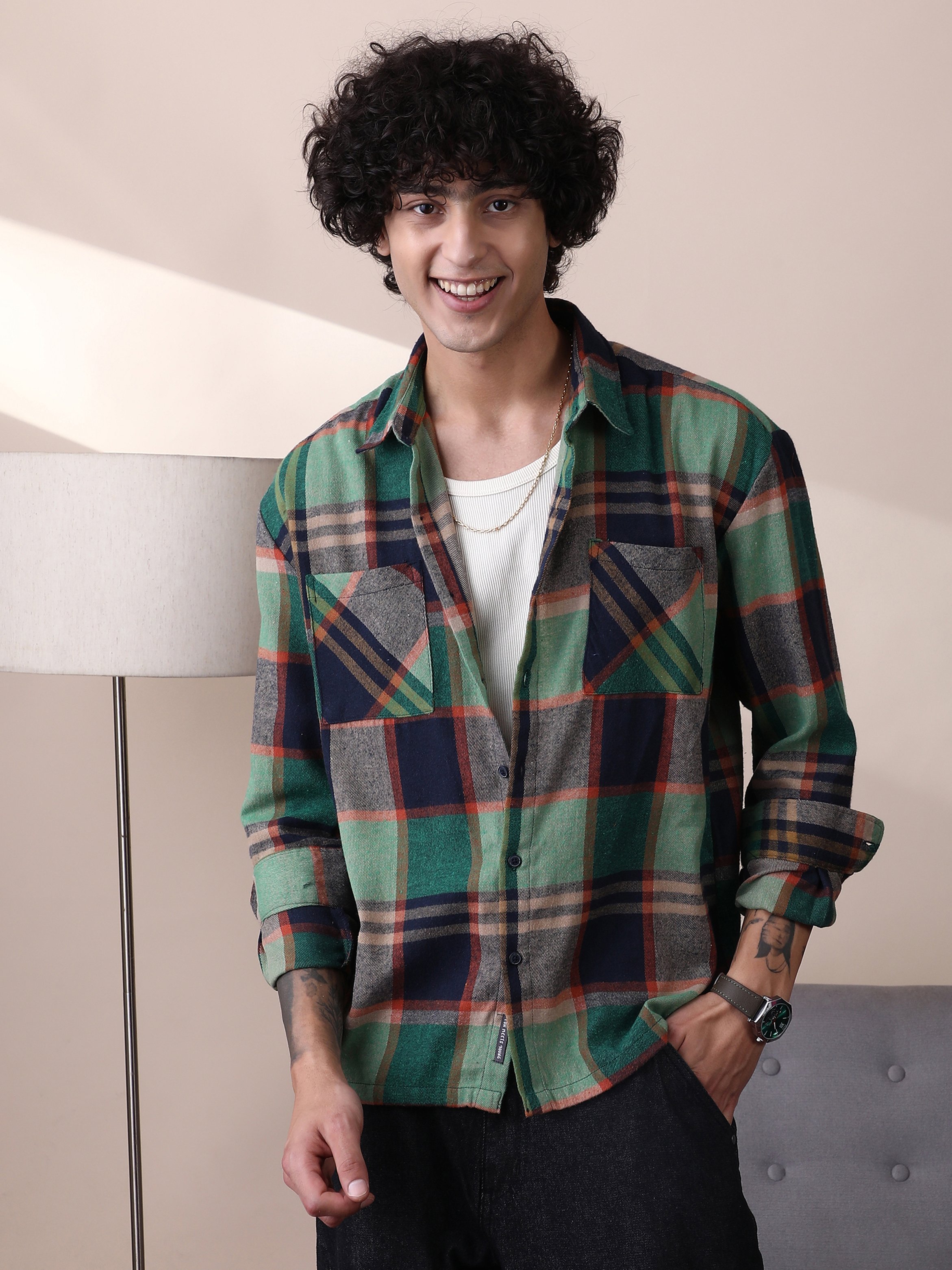 Men Plaid-Check Utility Shacket