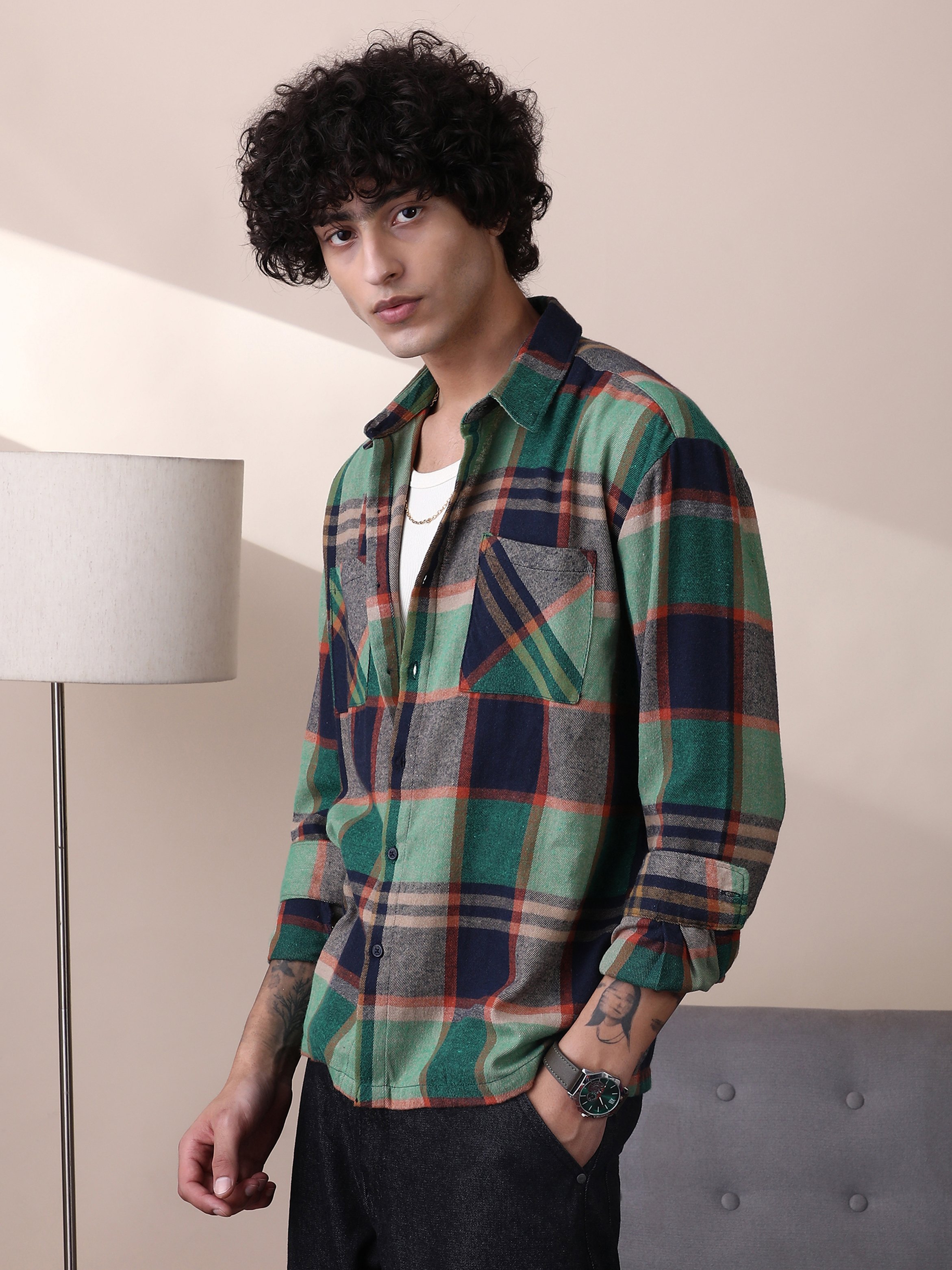Men Plaid-Check Utility Shacket