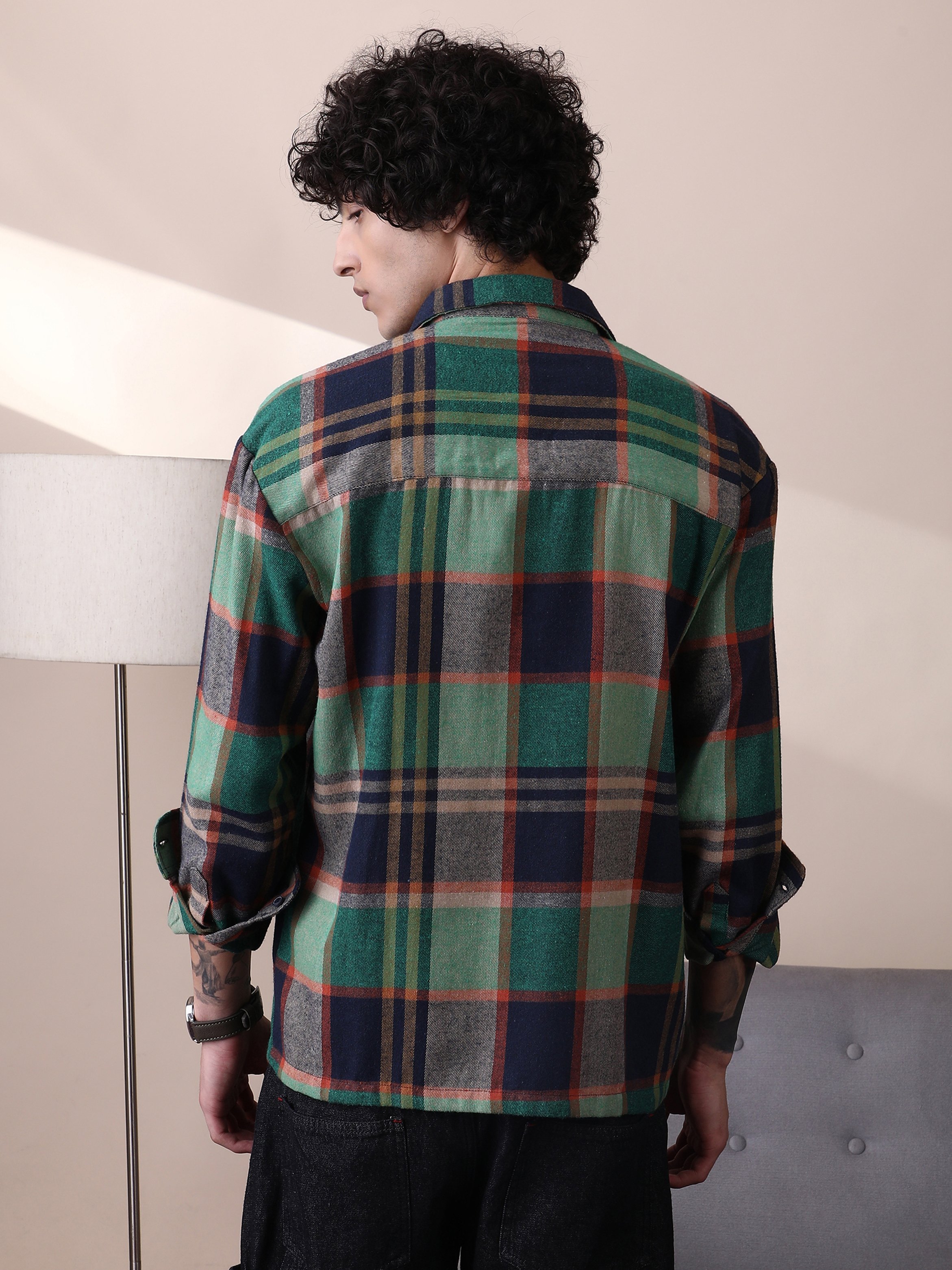 Men Plaid-Check Utility Shacket