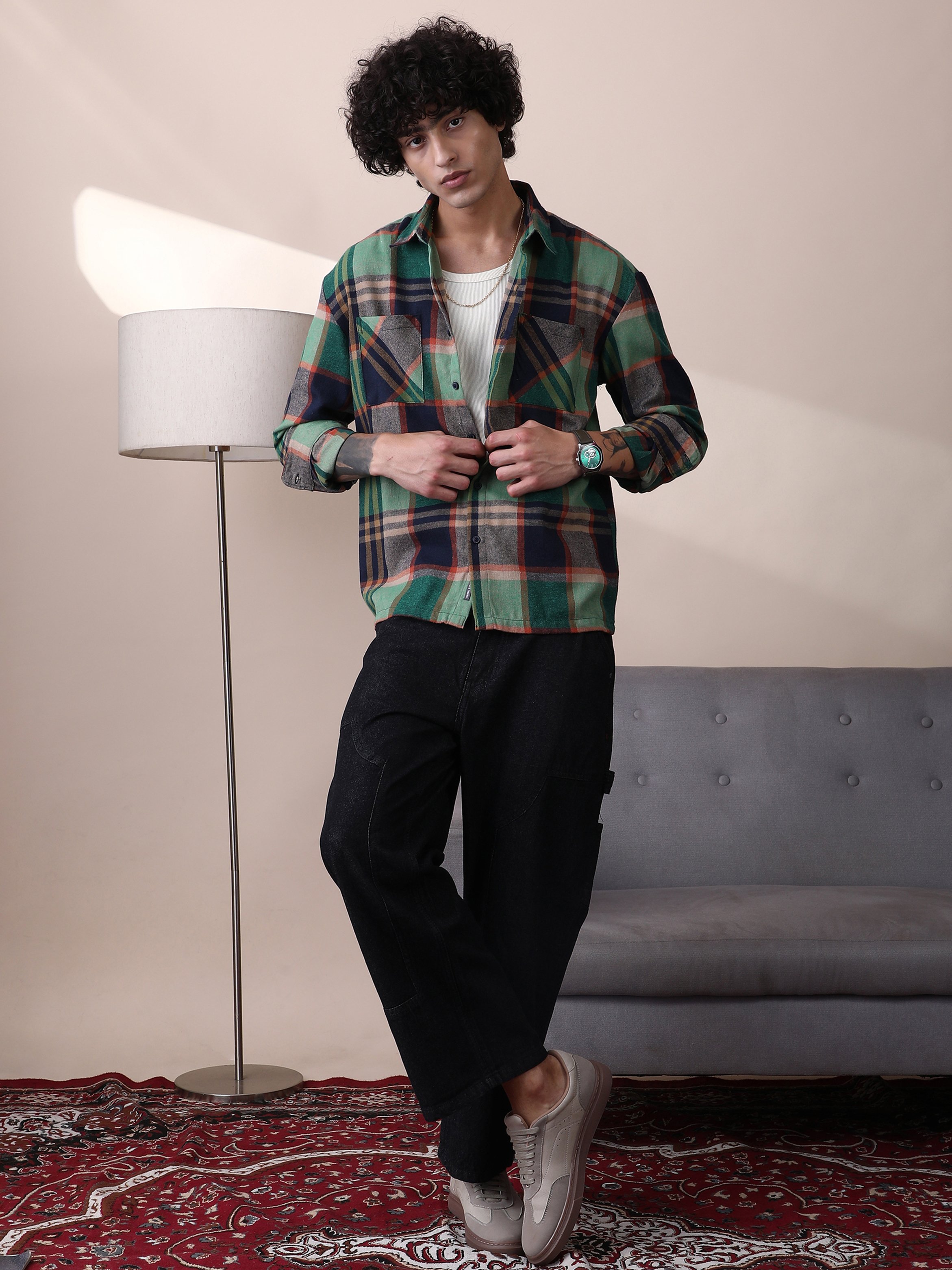 Men Plaid-Check Utility Shacket
