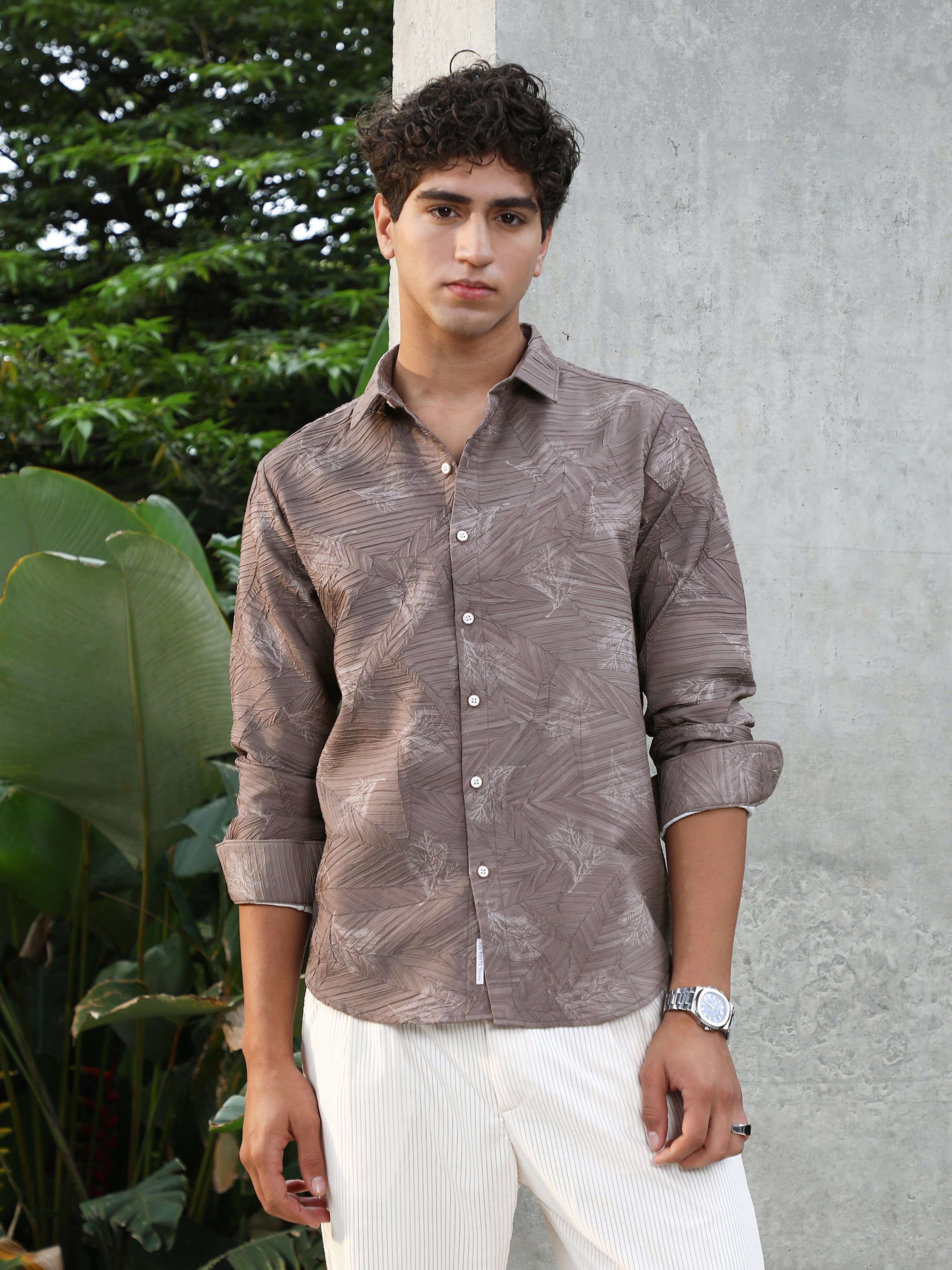 Men Moon Grey Twig-Imprint Foliage-Tactile Shirt
