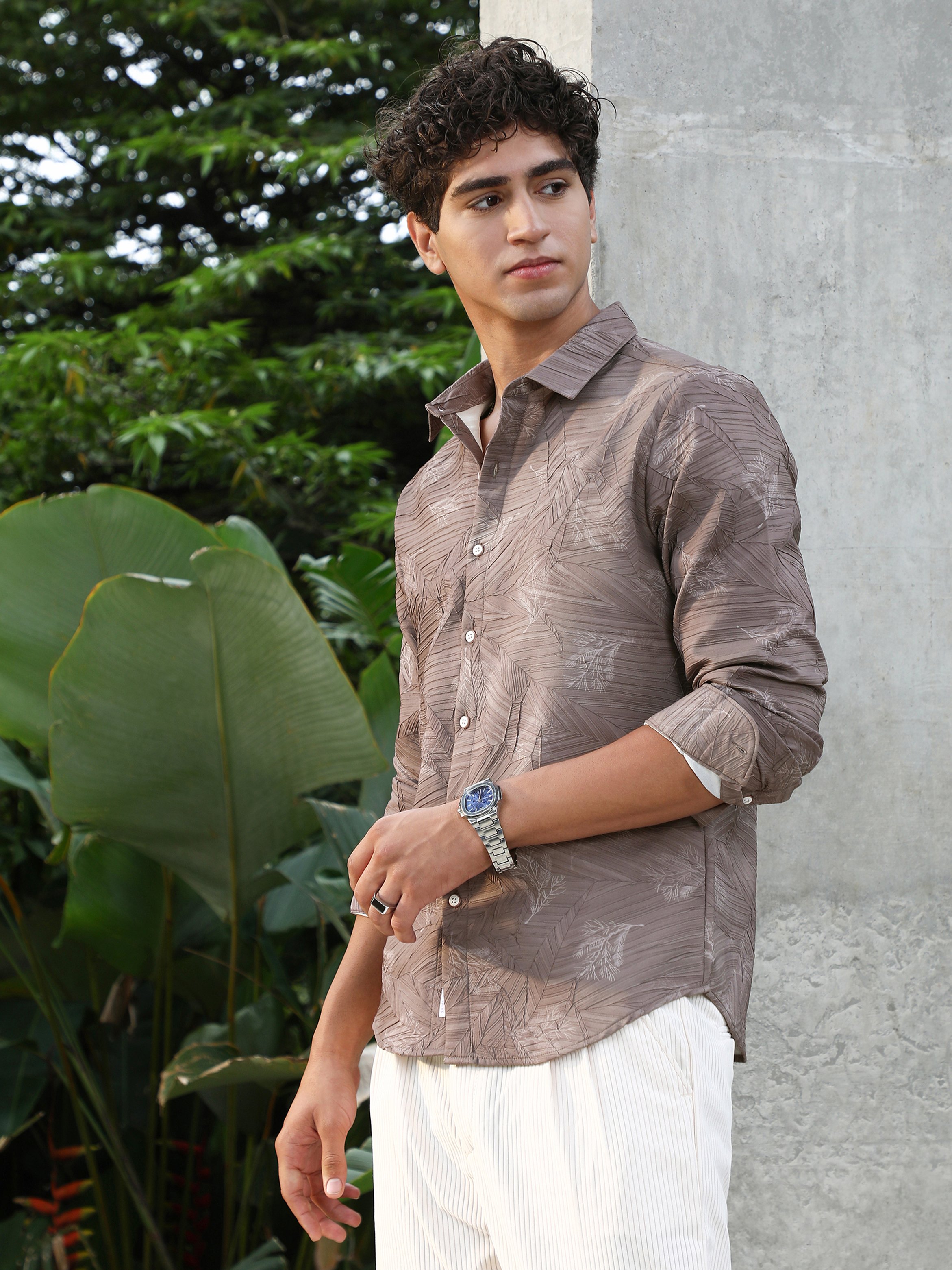 Men Moon Grey Twig-Imprint Foliage-Tactile Shirt