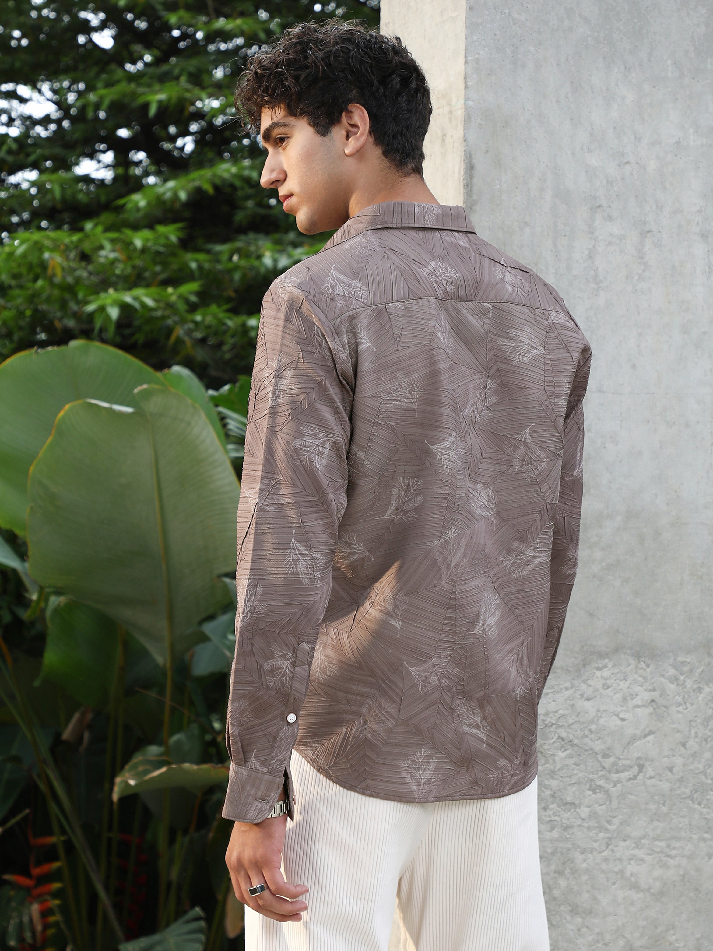 Men Moon Grey Twig-Imprint Foliage-Tactile Shirt