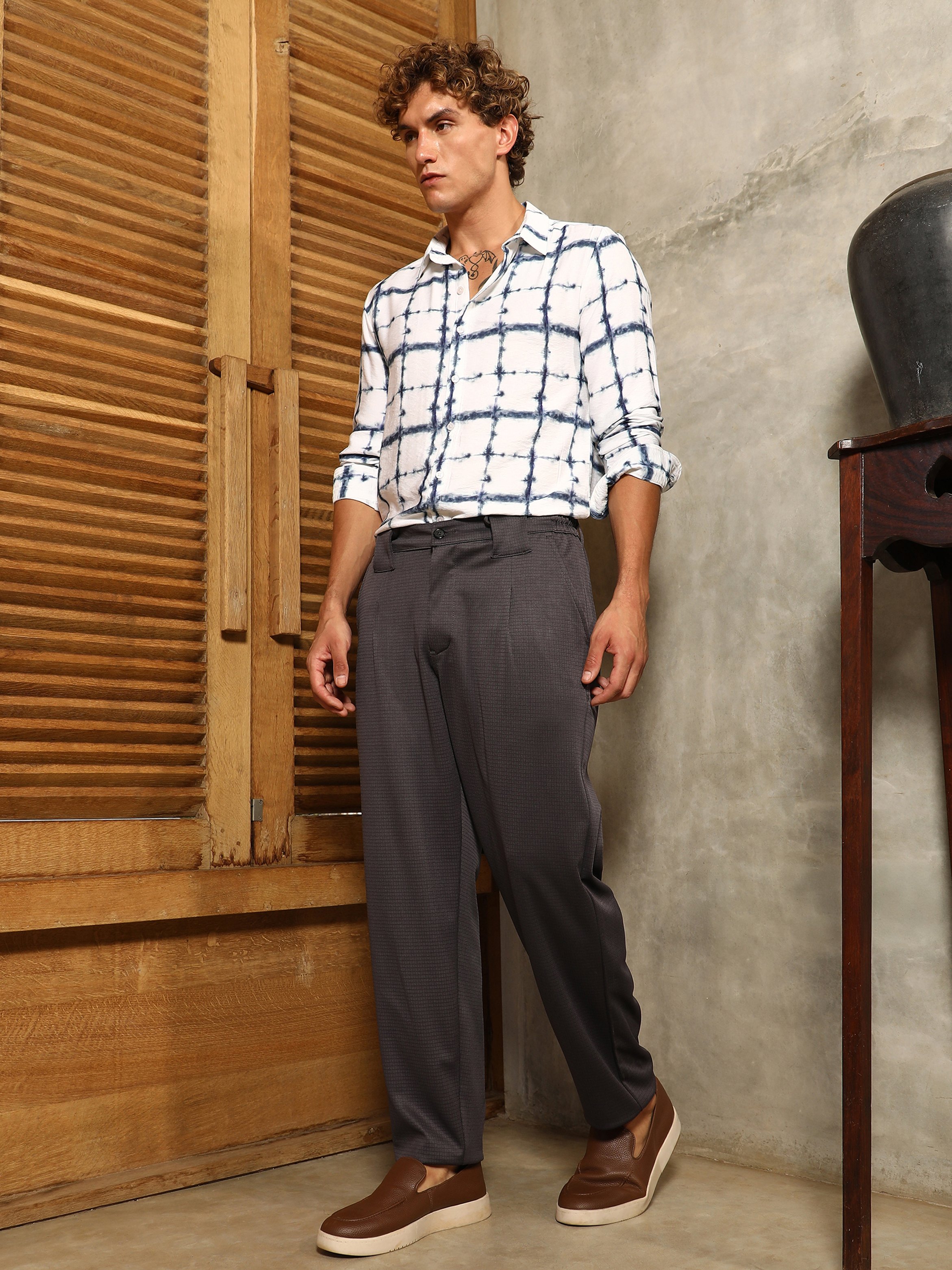 Men Charcoal Grey Waffle Chino Trousers