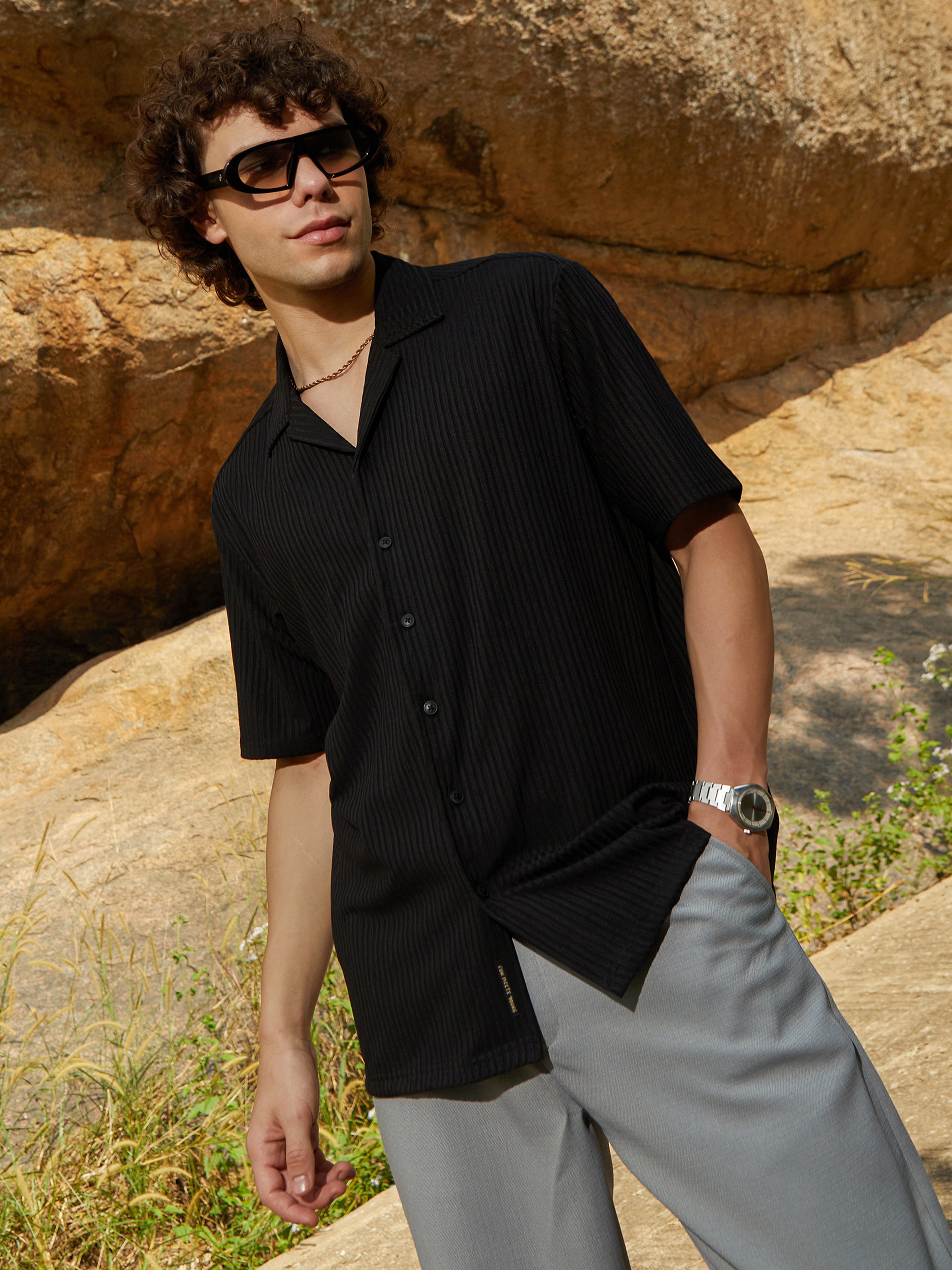 Men Black Textured-Ribbed Shirt