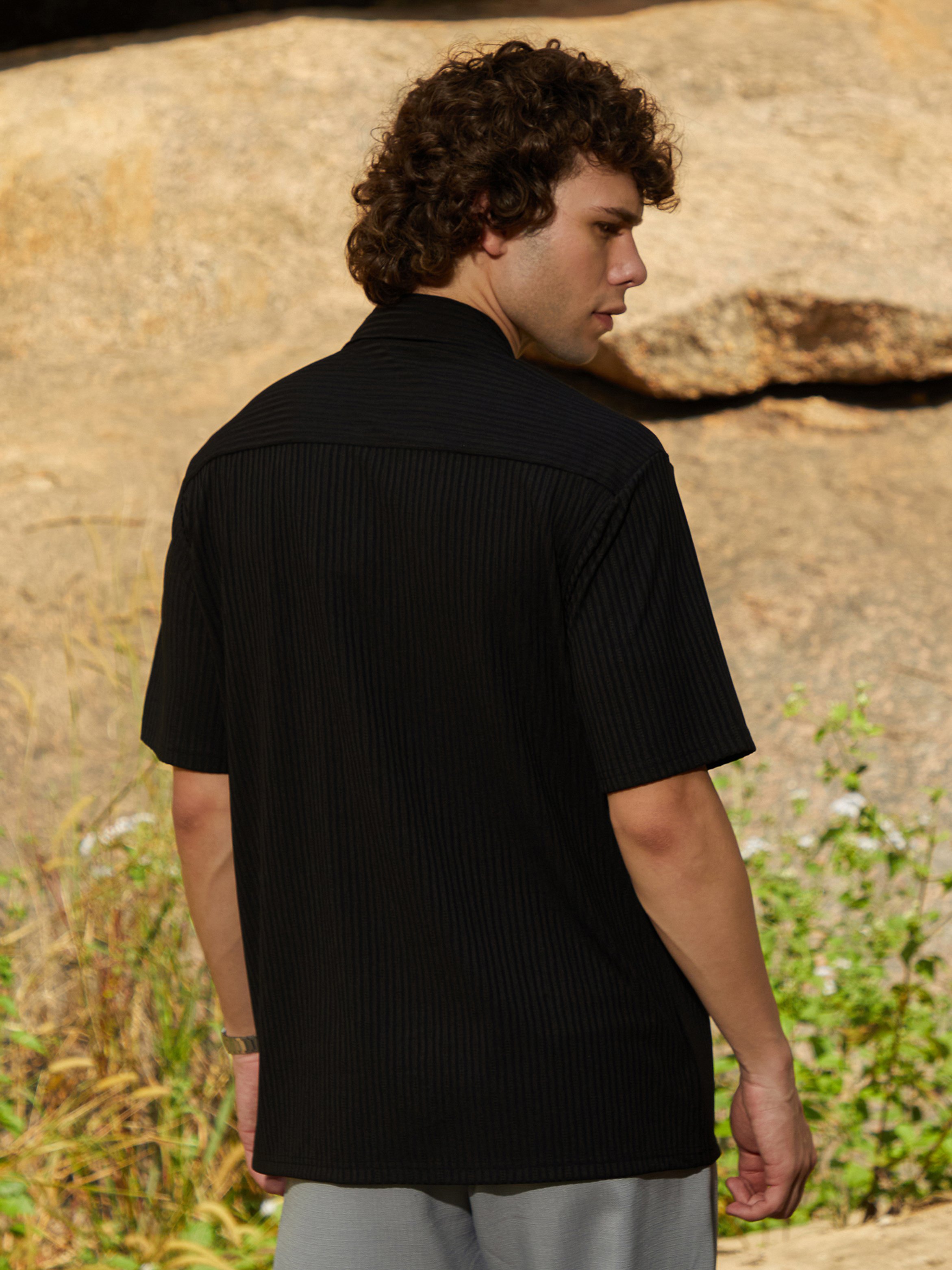 Men Black Textured-Ribbed Shirt