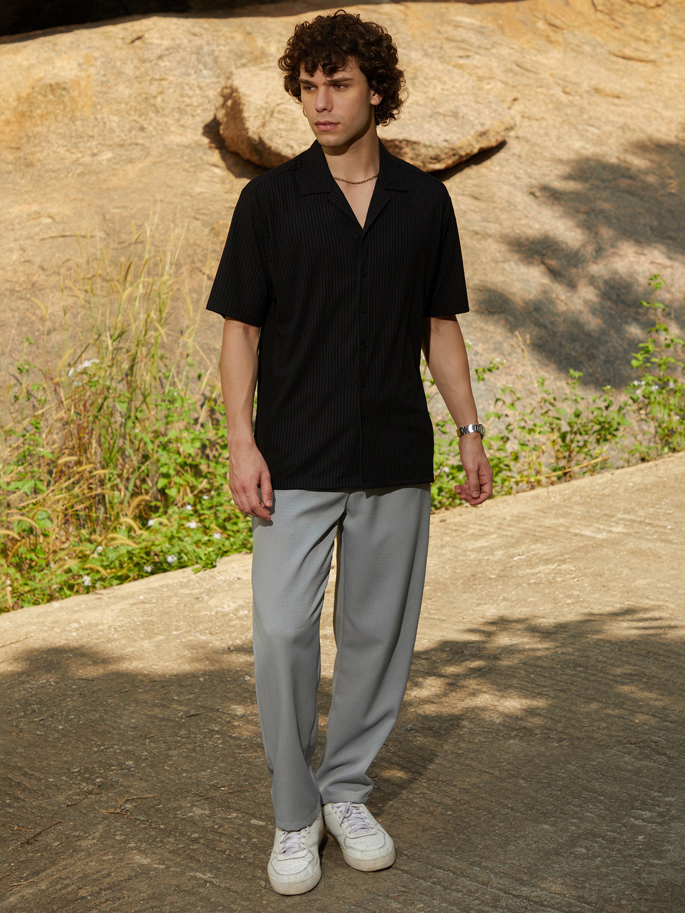 Men Black Textured-Ribbed Shirt