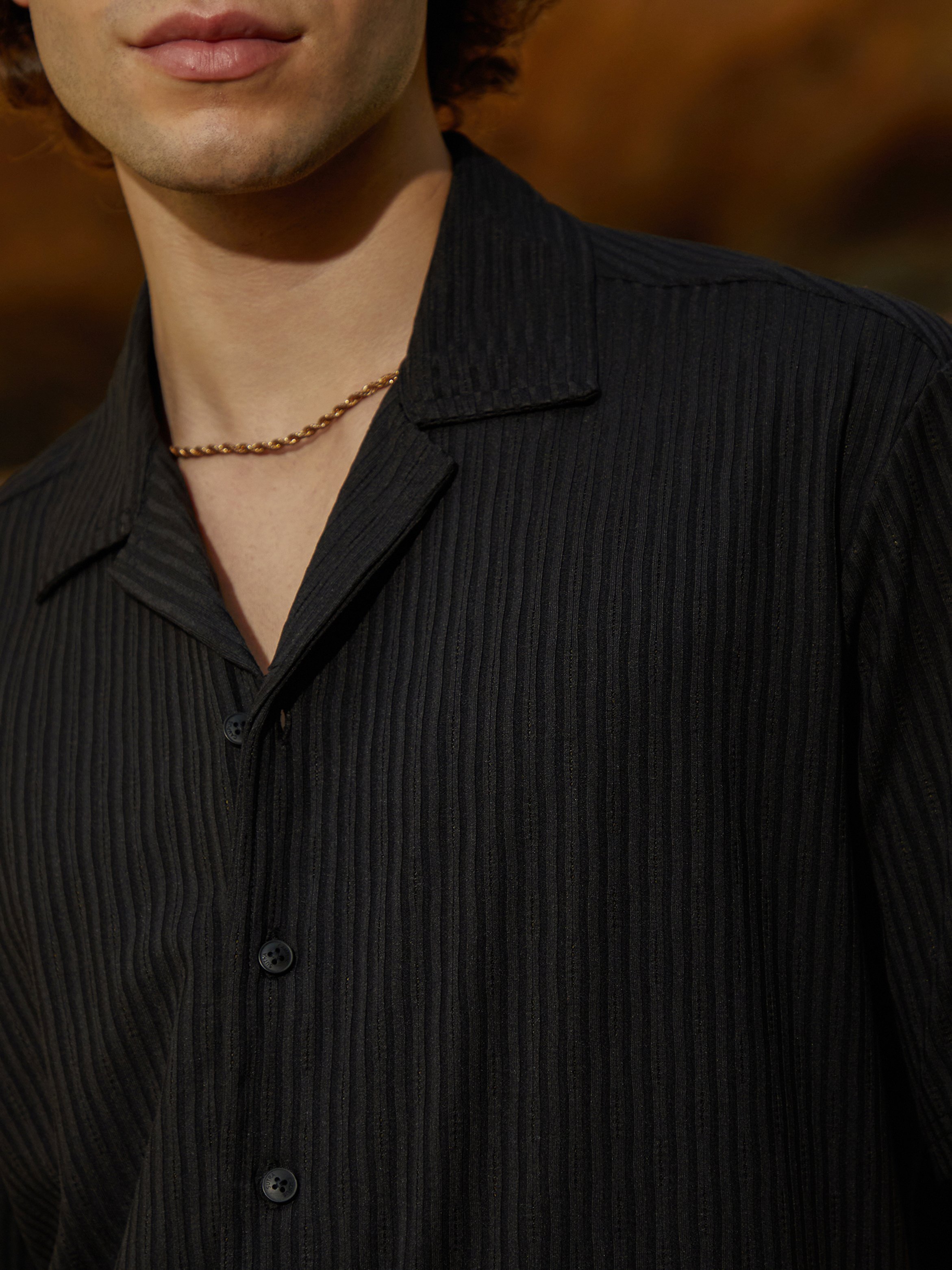 Men Black Textured-Ribbed Shirt