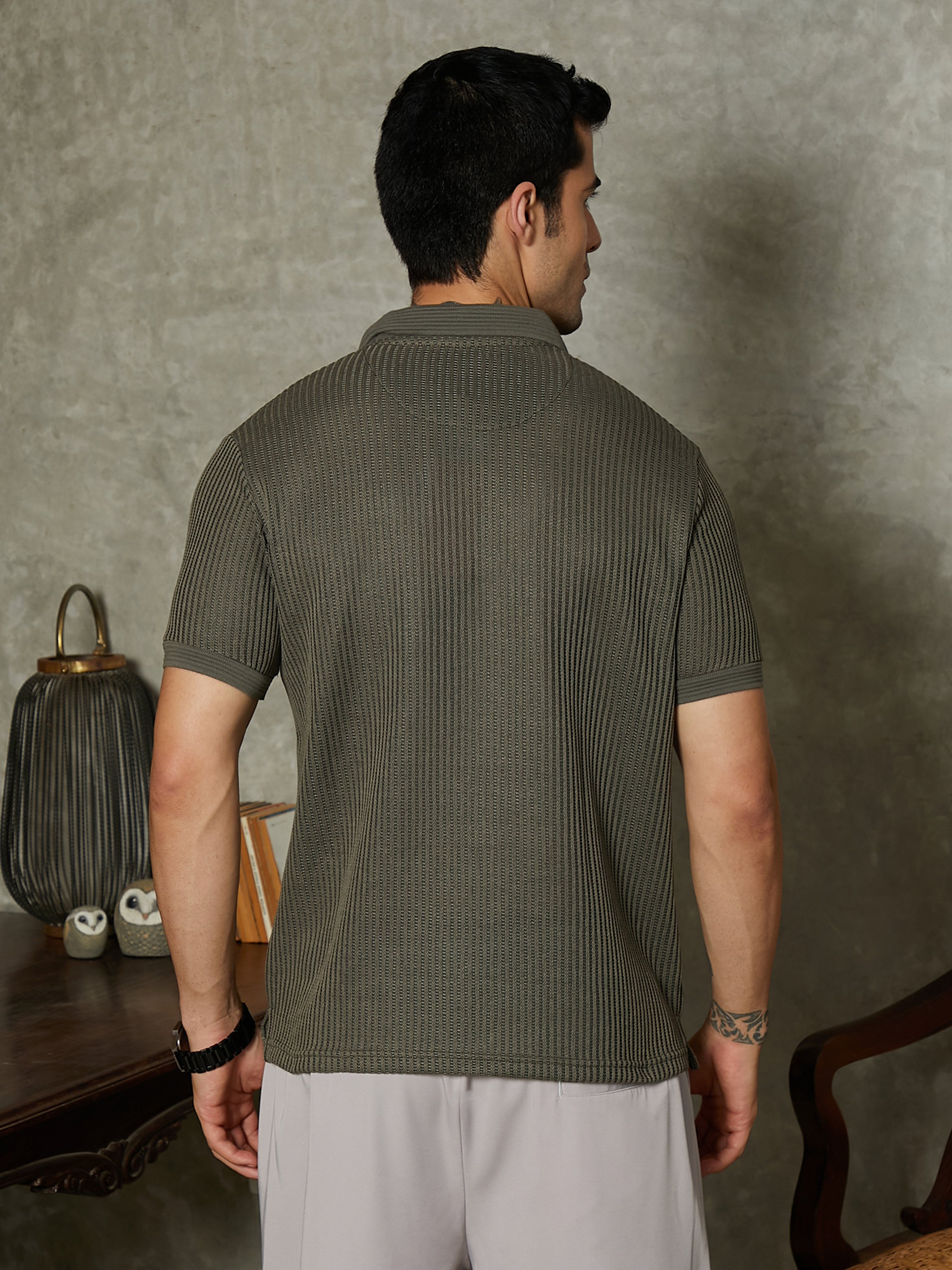 Men Contrast Textured Ribbed Polo