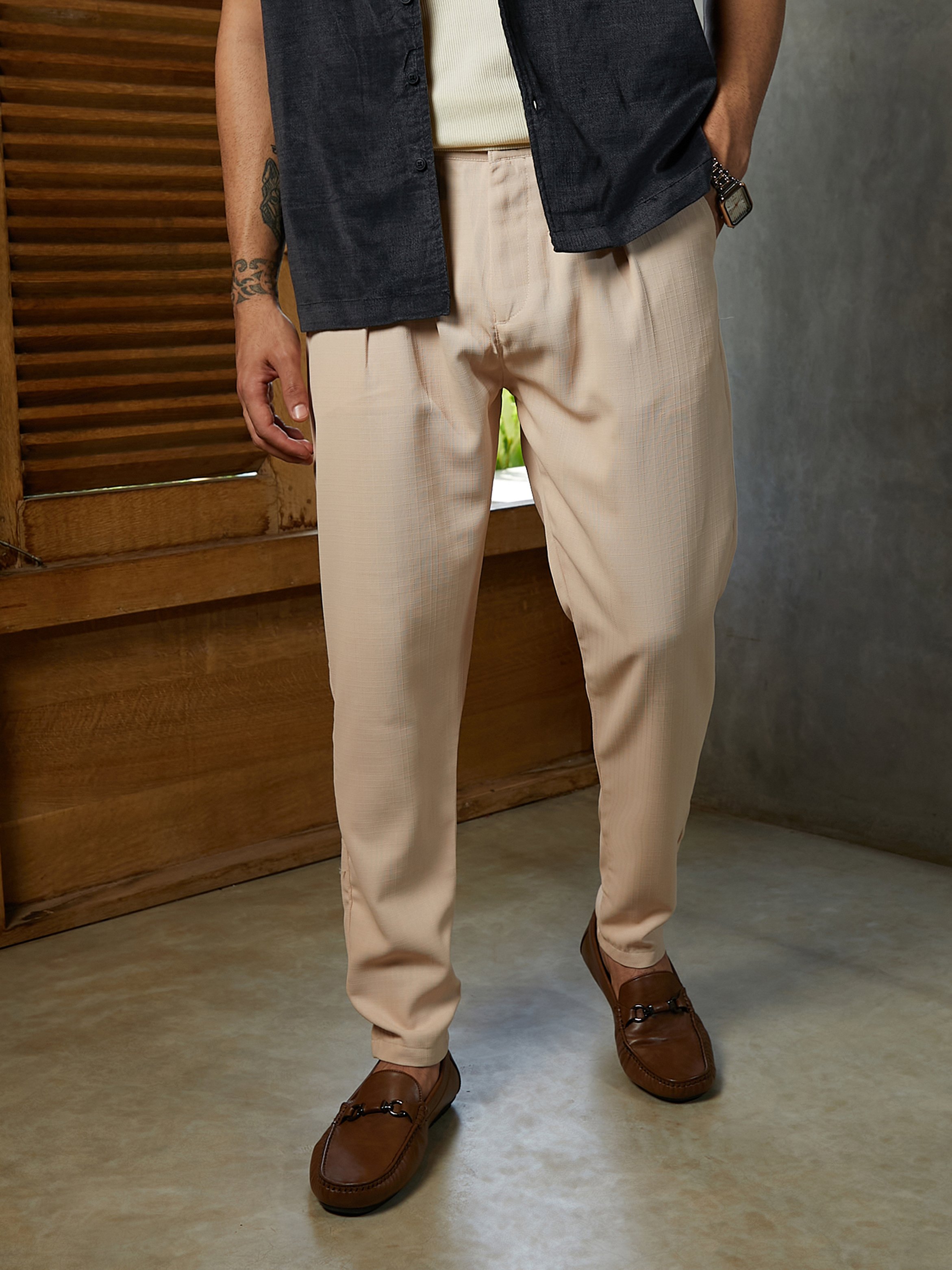 Men Fawn Beige Tailored Chino Trousers