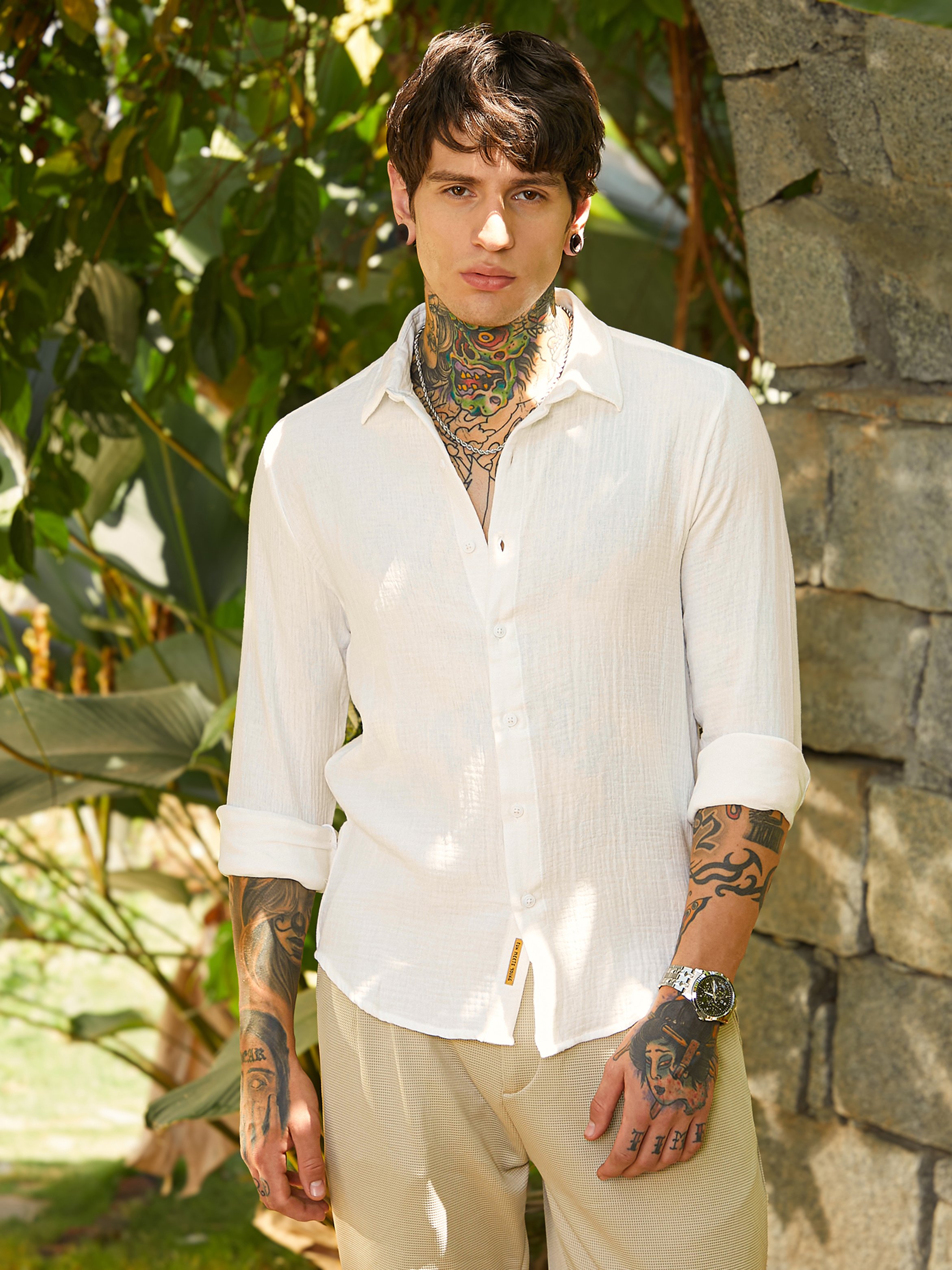Men White Textured-Weave Shirt
