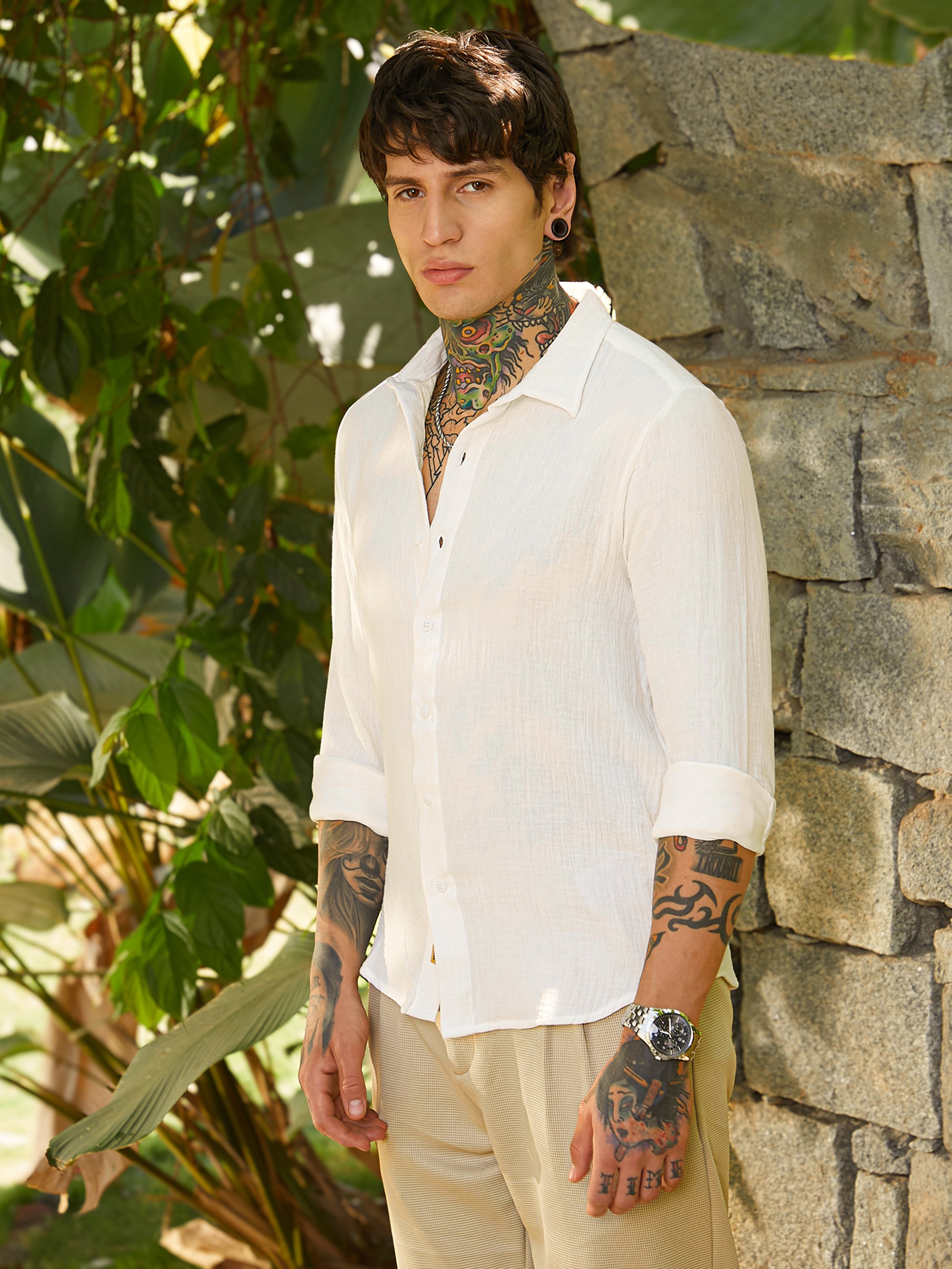 Men White Textured-Weave Shirt