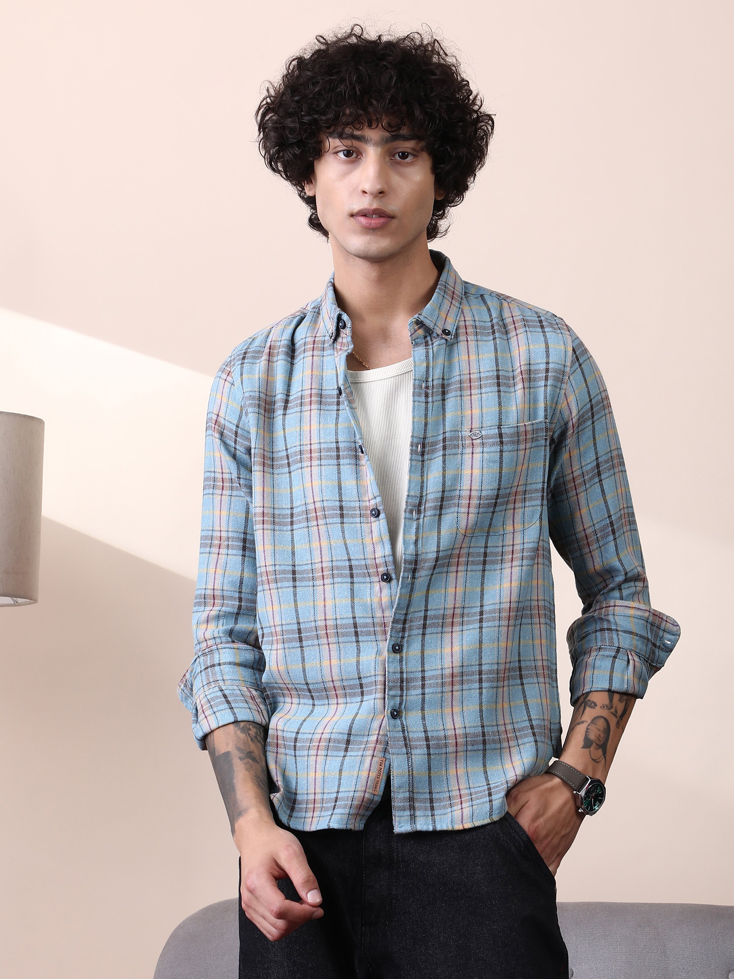 Men Blue Checked Textured Regular Shirt