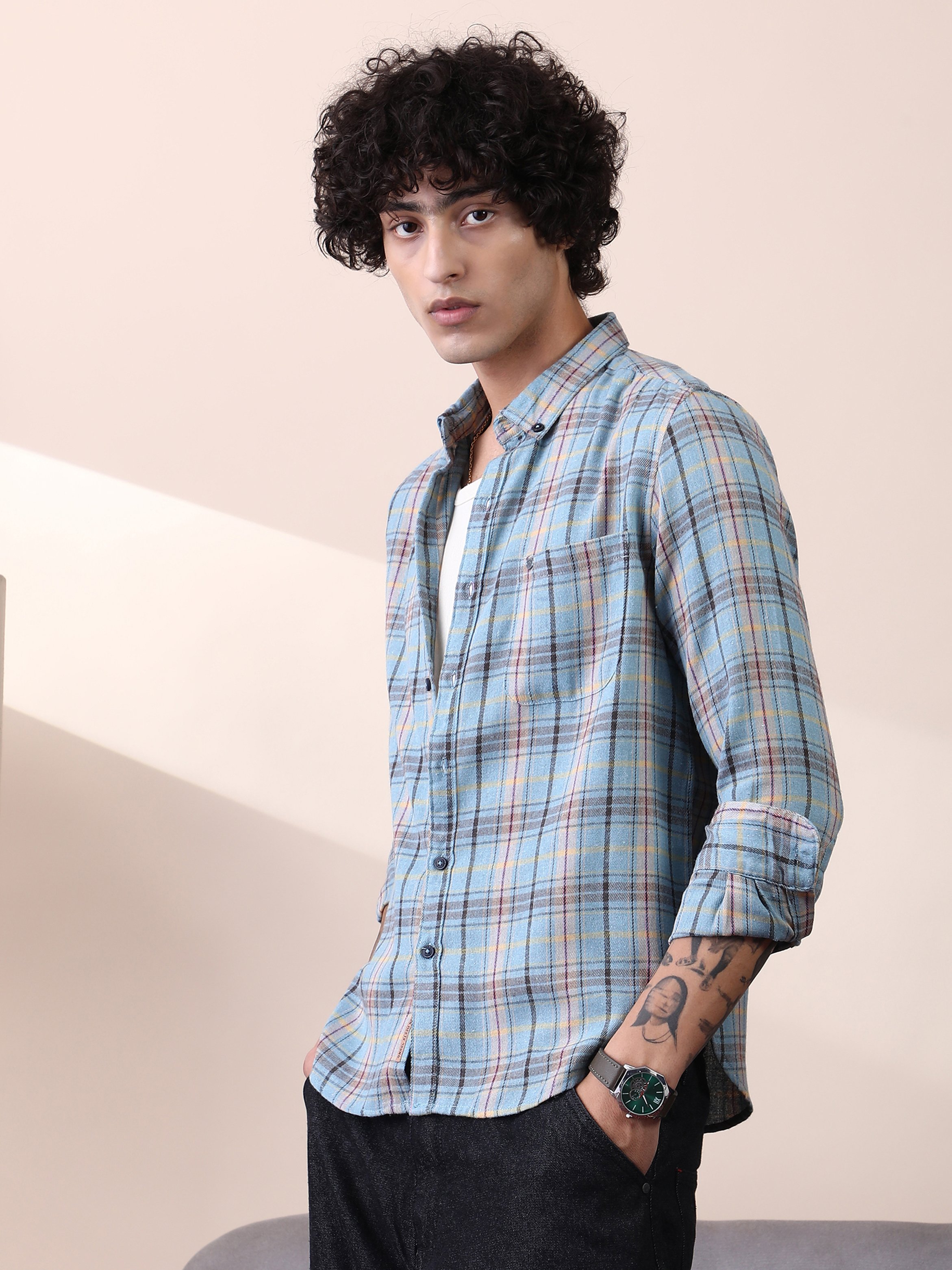 Men Blue Checked Textured Regular Shirt