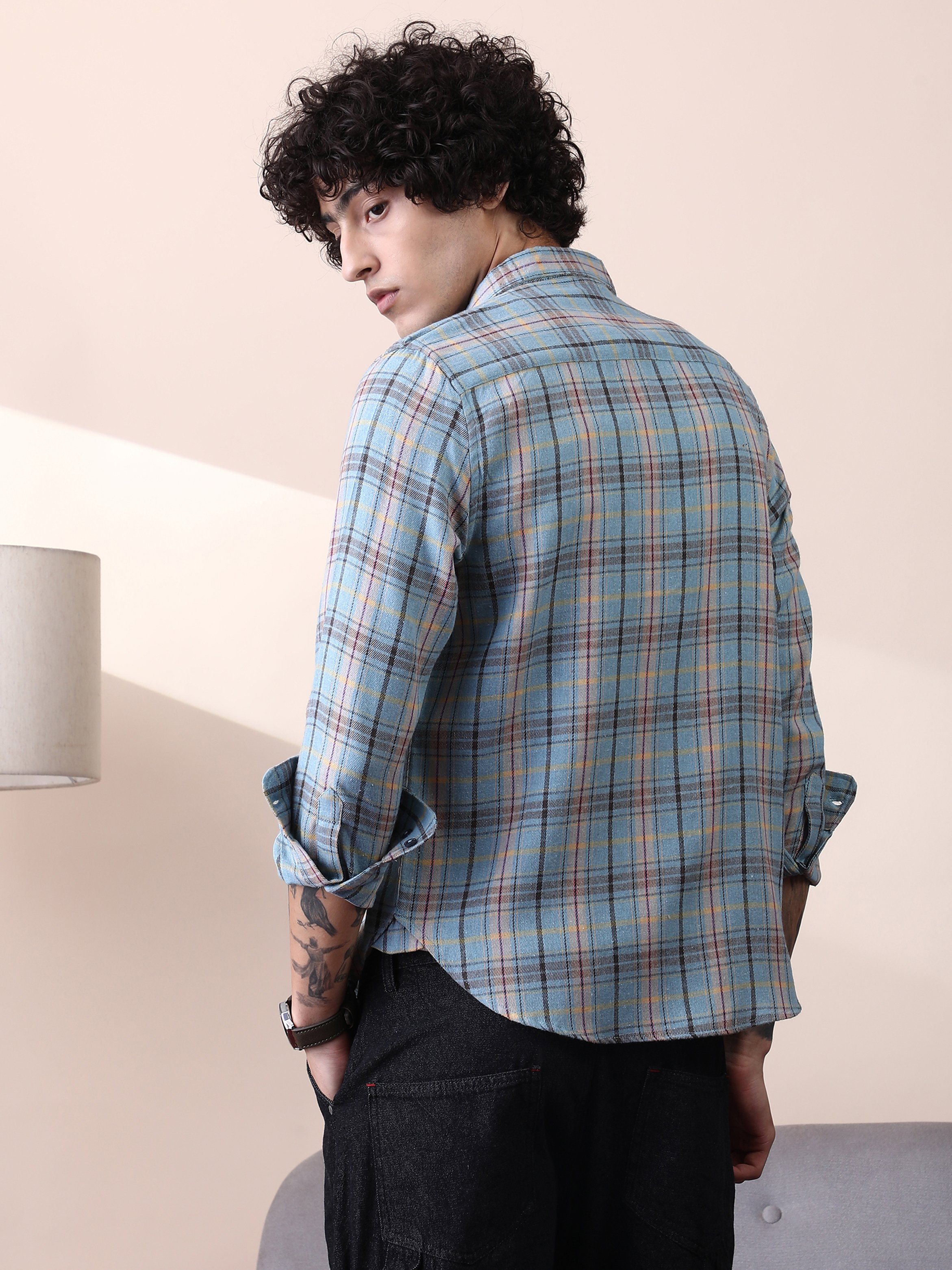 Men Blue Checked Textured Regular Shirt