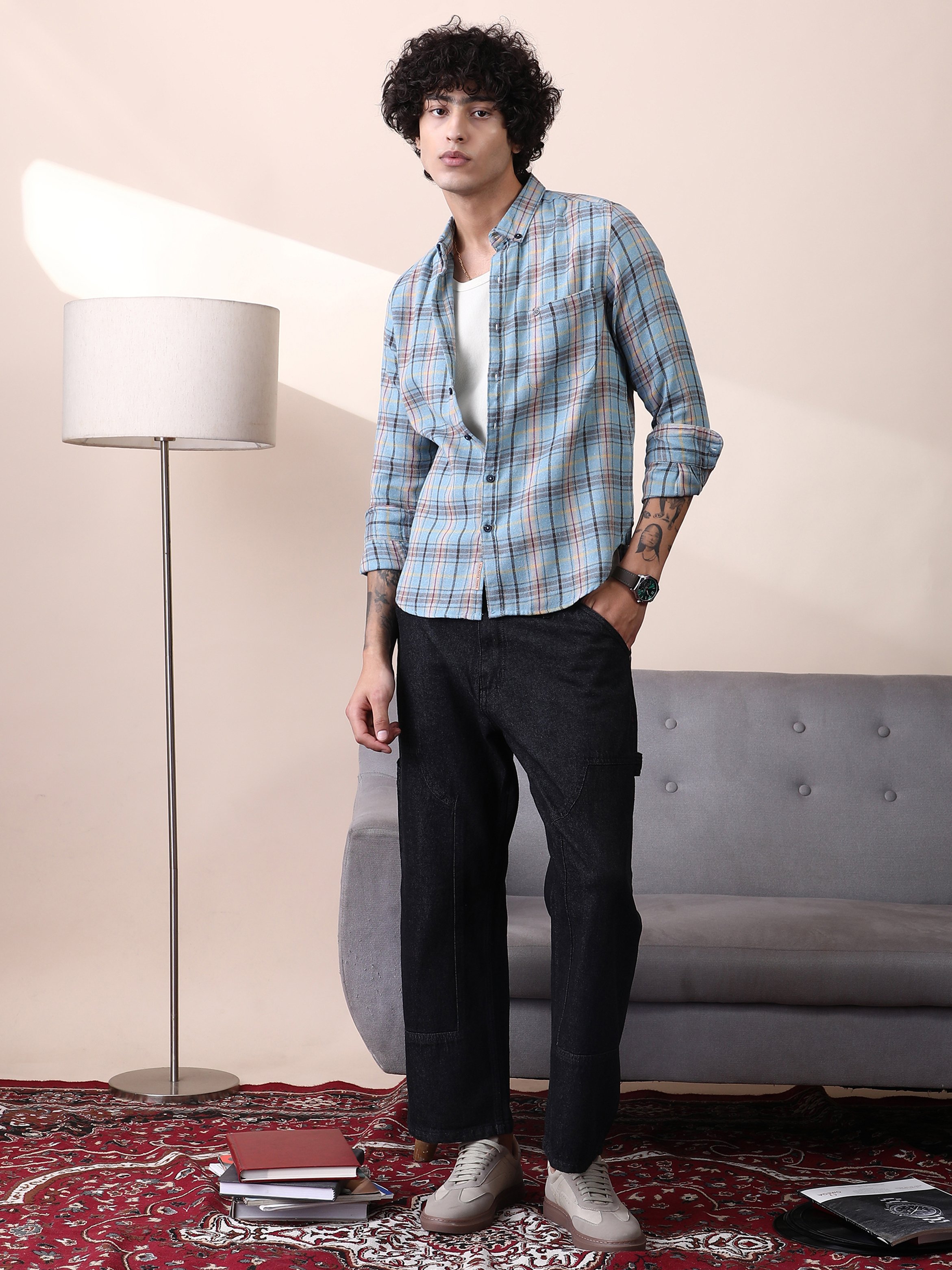 Men Blue Checked Textured Regular Shirt
