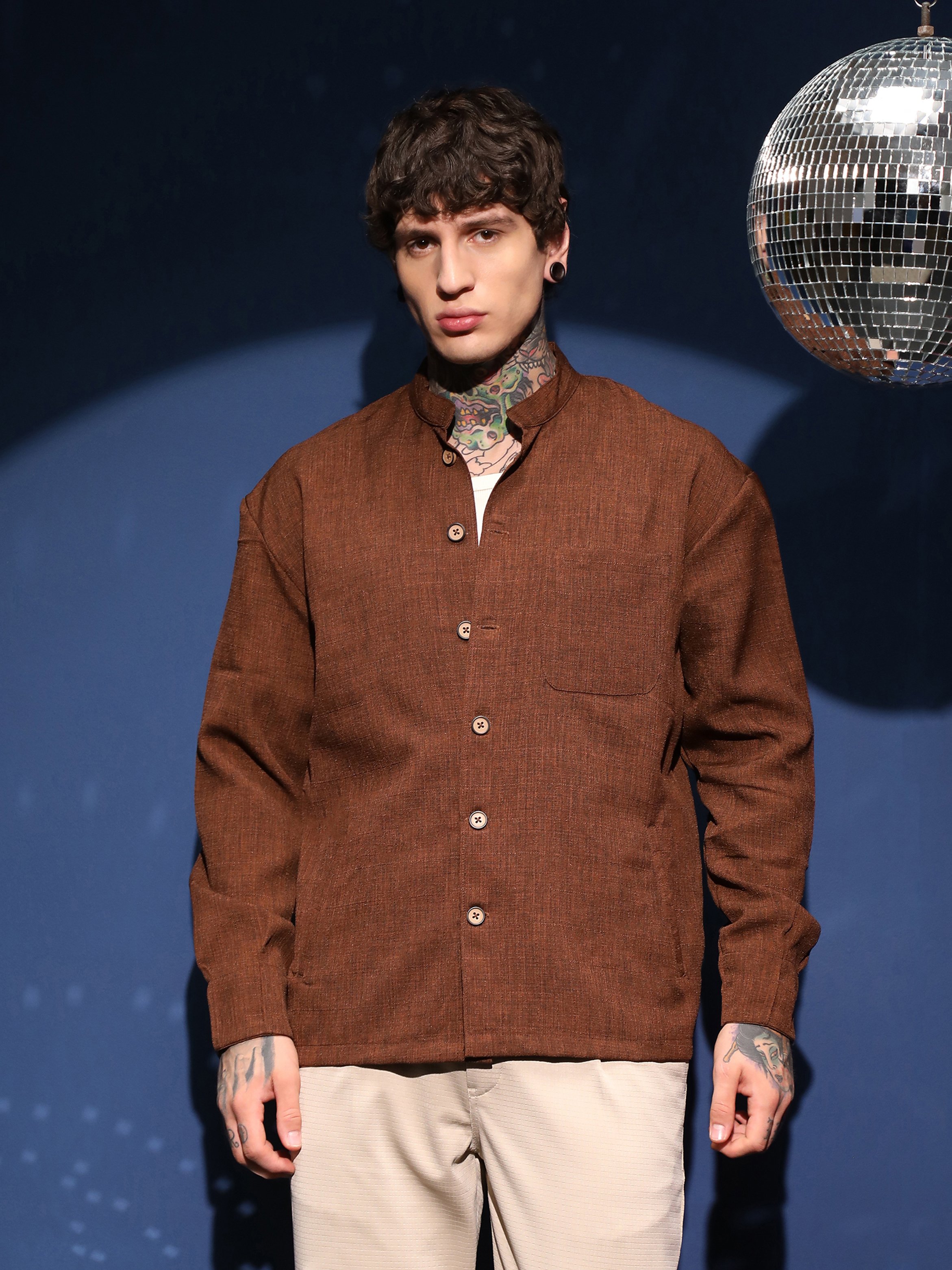 Men Brown Linen Blend Utility Shacket