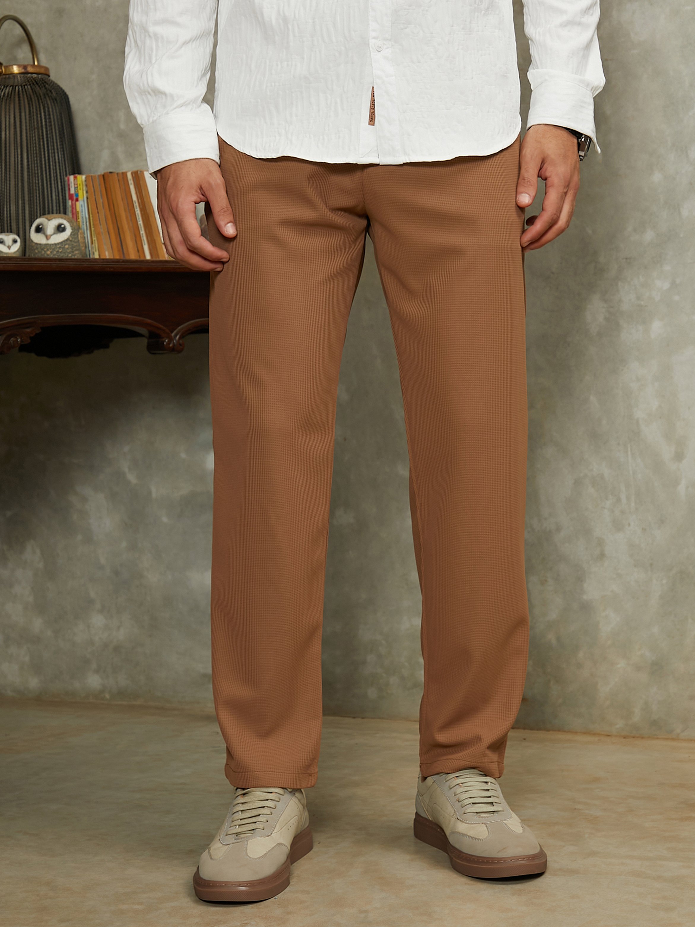 Men Sepia Brown Micro-Waffle Chino Trousers