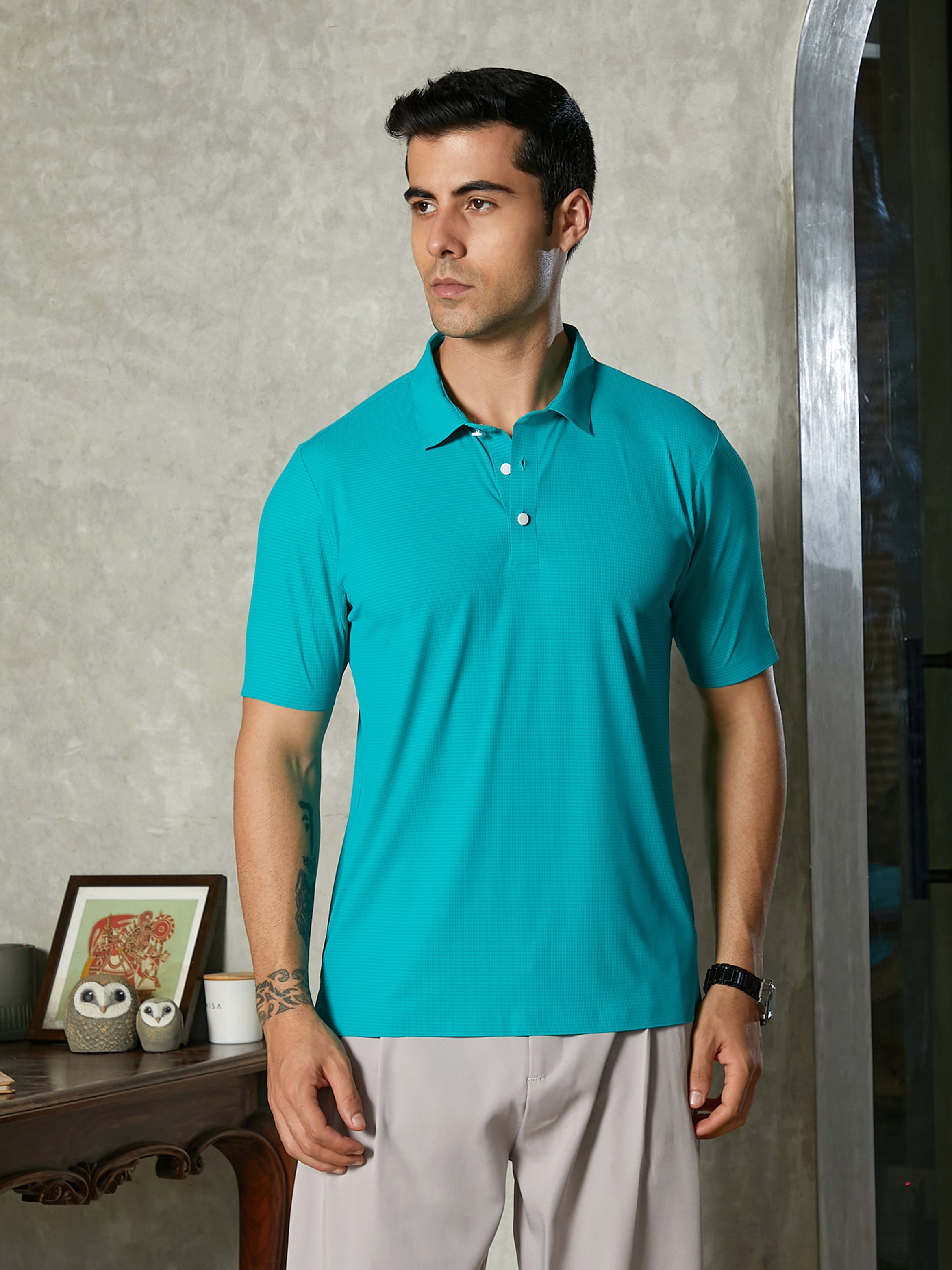 Men Aqua Green Seamless Striped Polo
