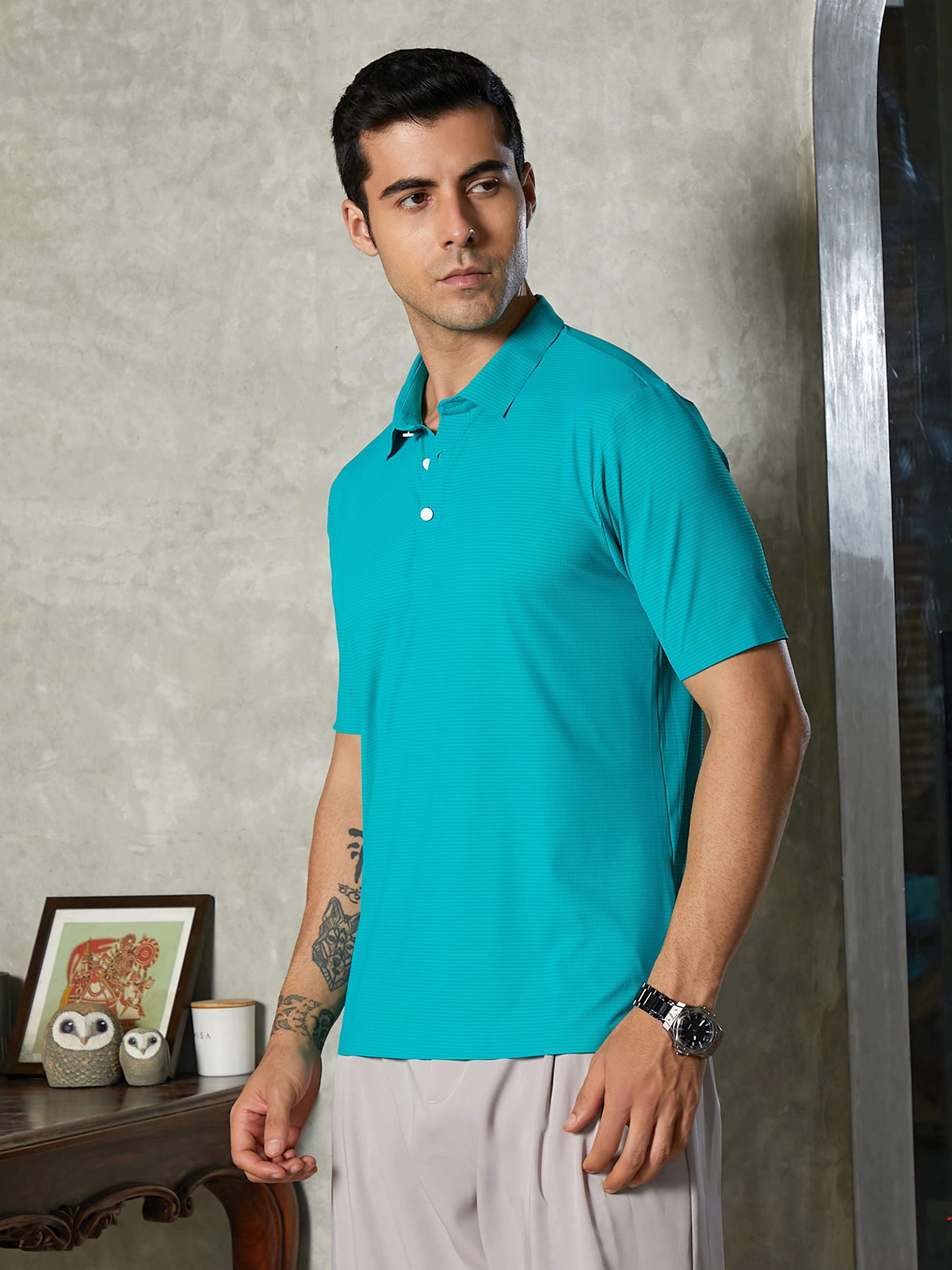 Men Aqua Green Seamless Striped Polo