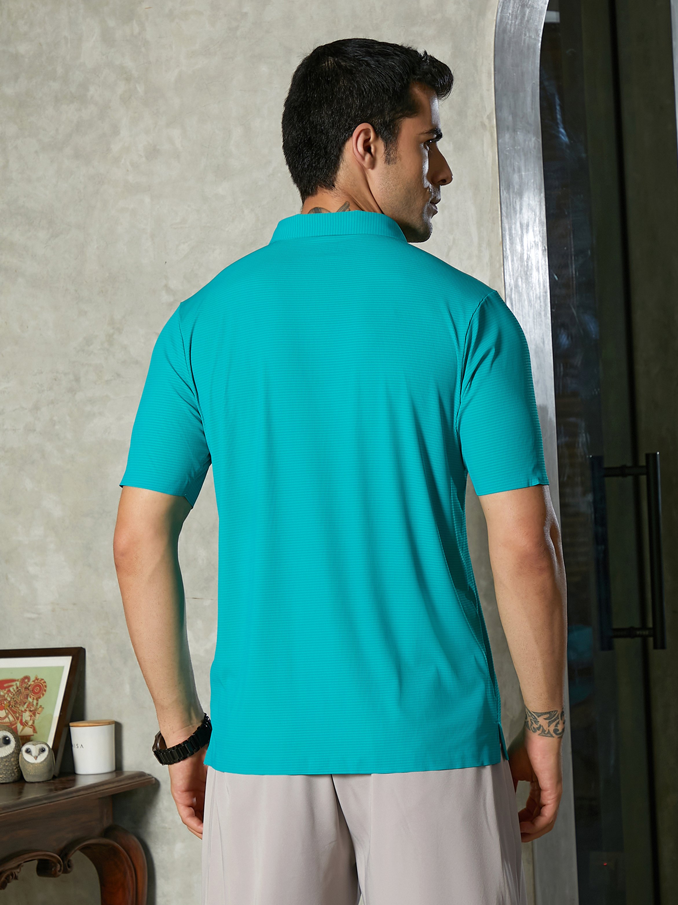Men Aqua Green Seamless Striped Polo