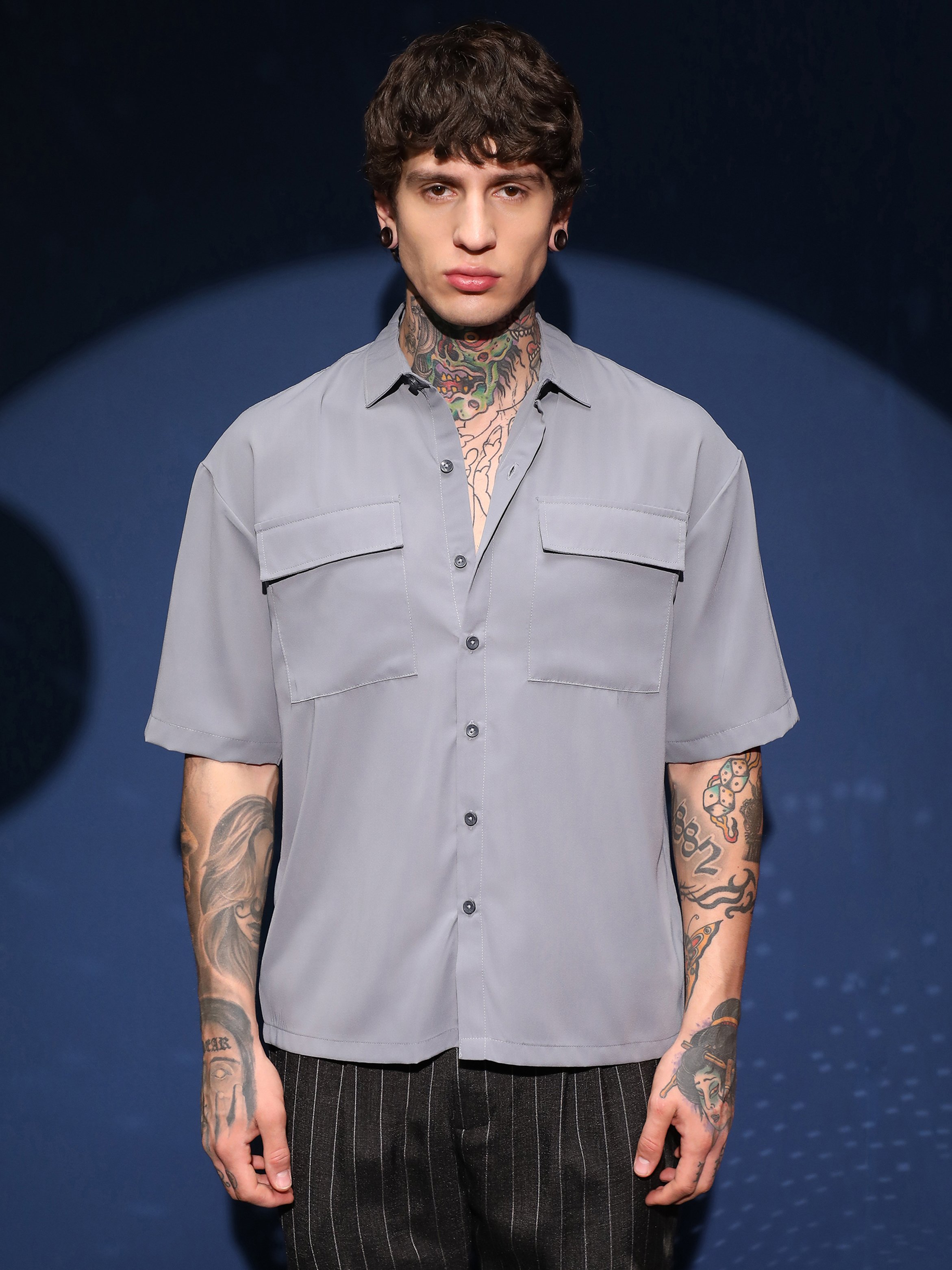 Men Grey Oversized Utility Shirt